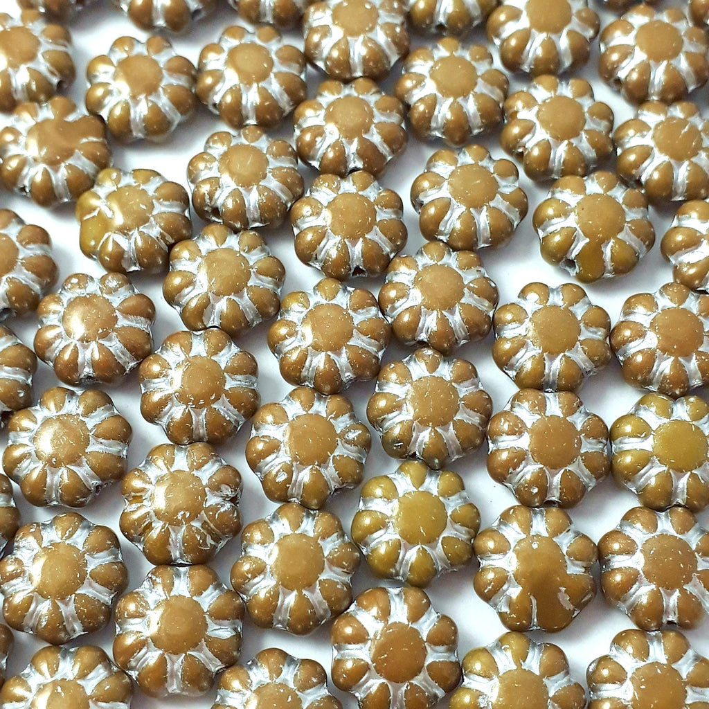 Caramel & Silver Lined Czech Glass Hawaiian Flower 9mm - 10pcs