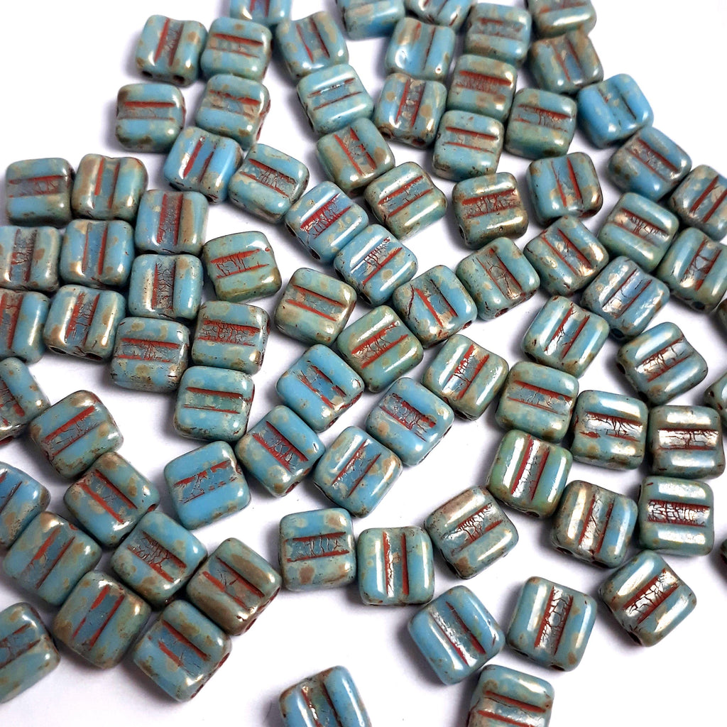 2-Hole Turquoise, Red & Gold Picasso Czech Glass Square 6mm - 20pcs