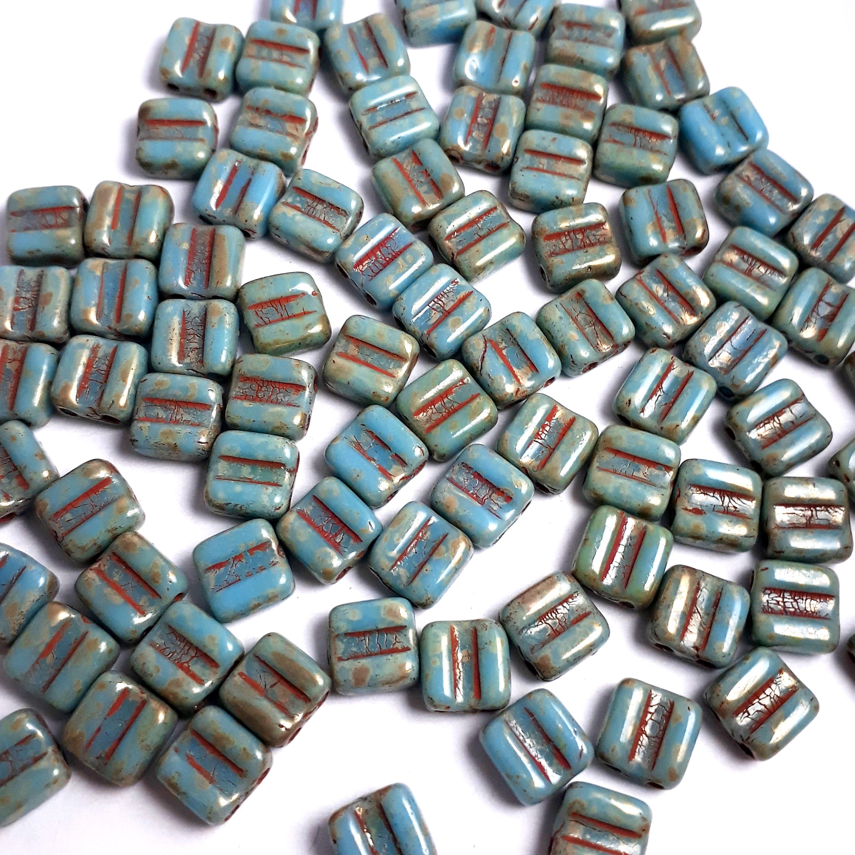 2-Hole Turquoise, Red & Gold Picasso Czech Glass Square 6mm - 20pcs