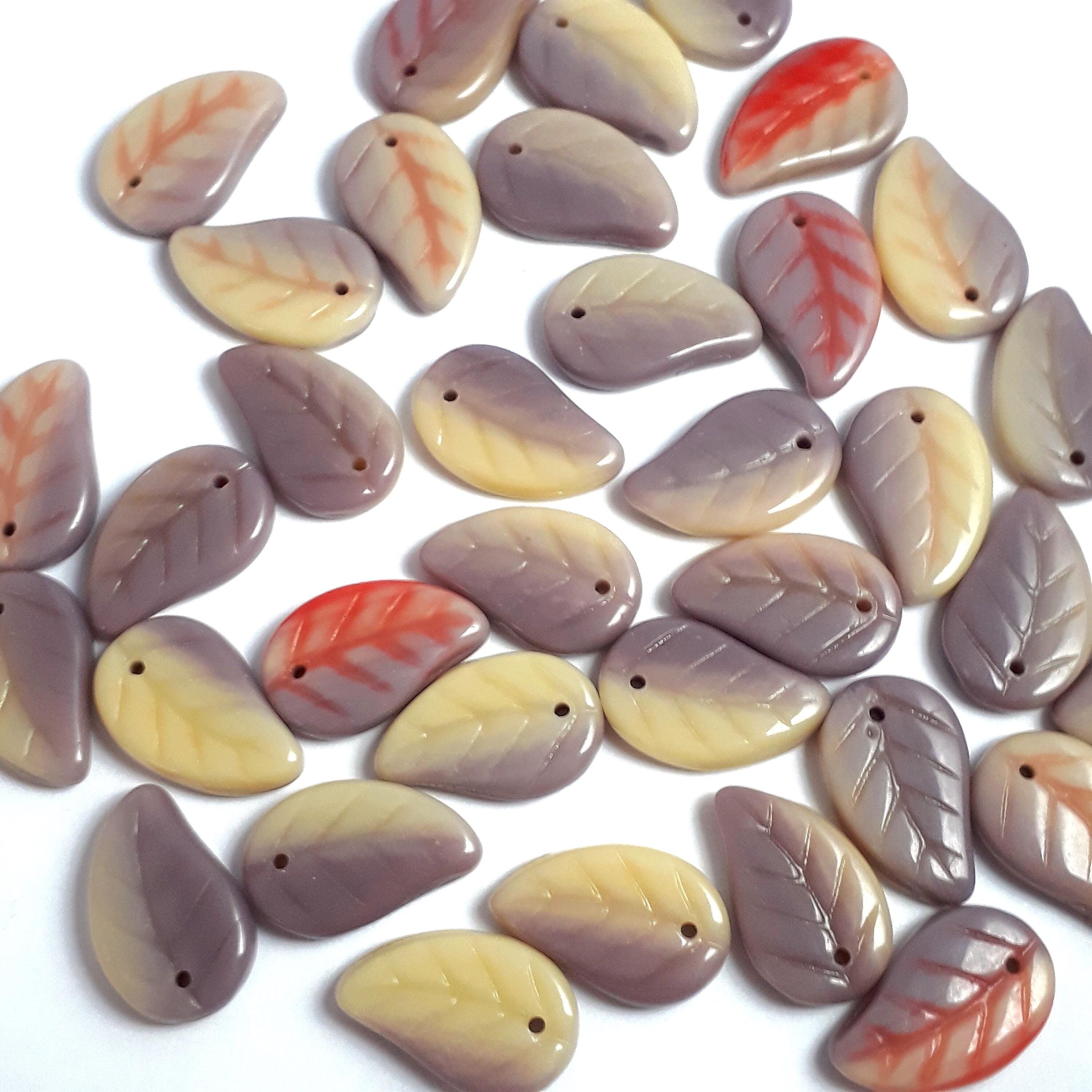 Purple, Cream & Red Czech Glass Leaf 14x9mm - 10pcs