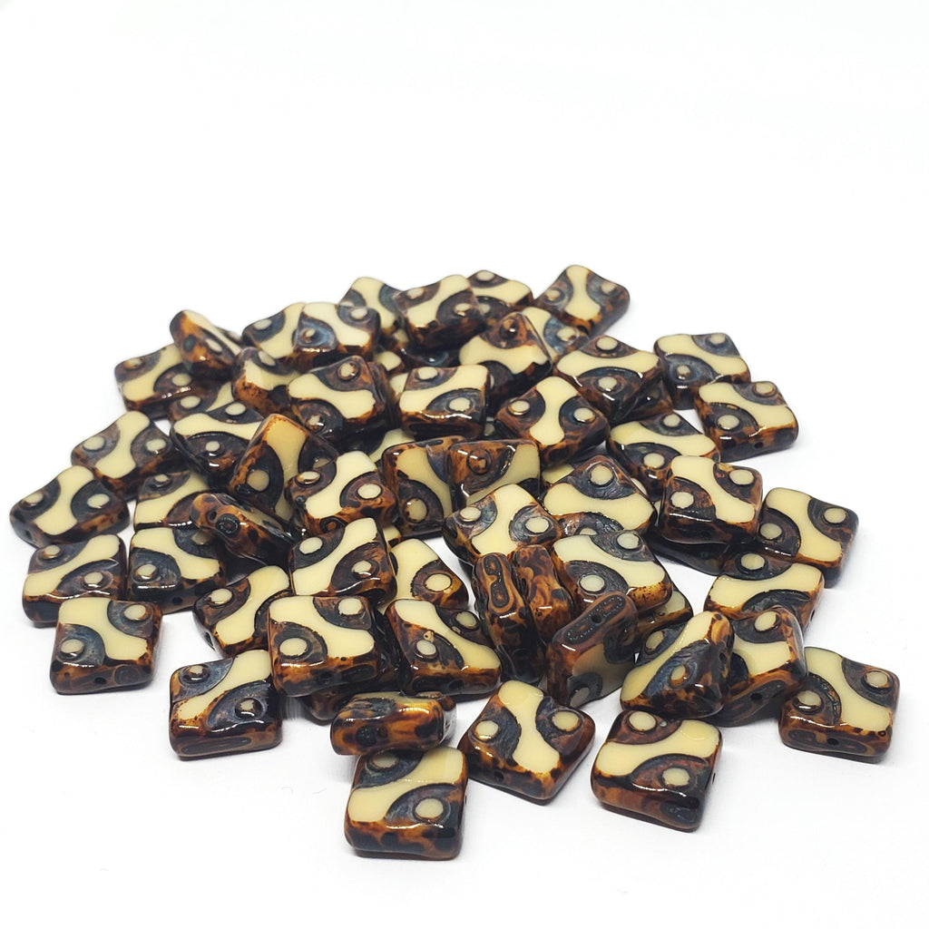 Brown & Cream Table Cut Flat Square Czech Glass 10mm - 6pcs