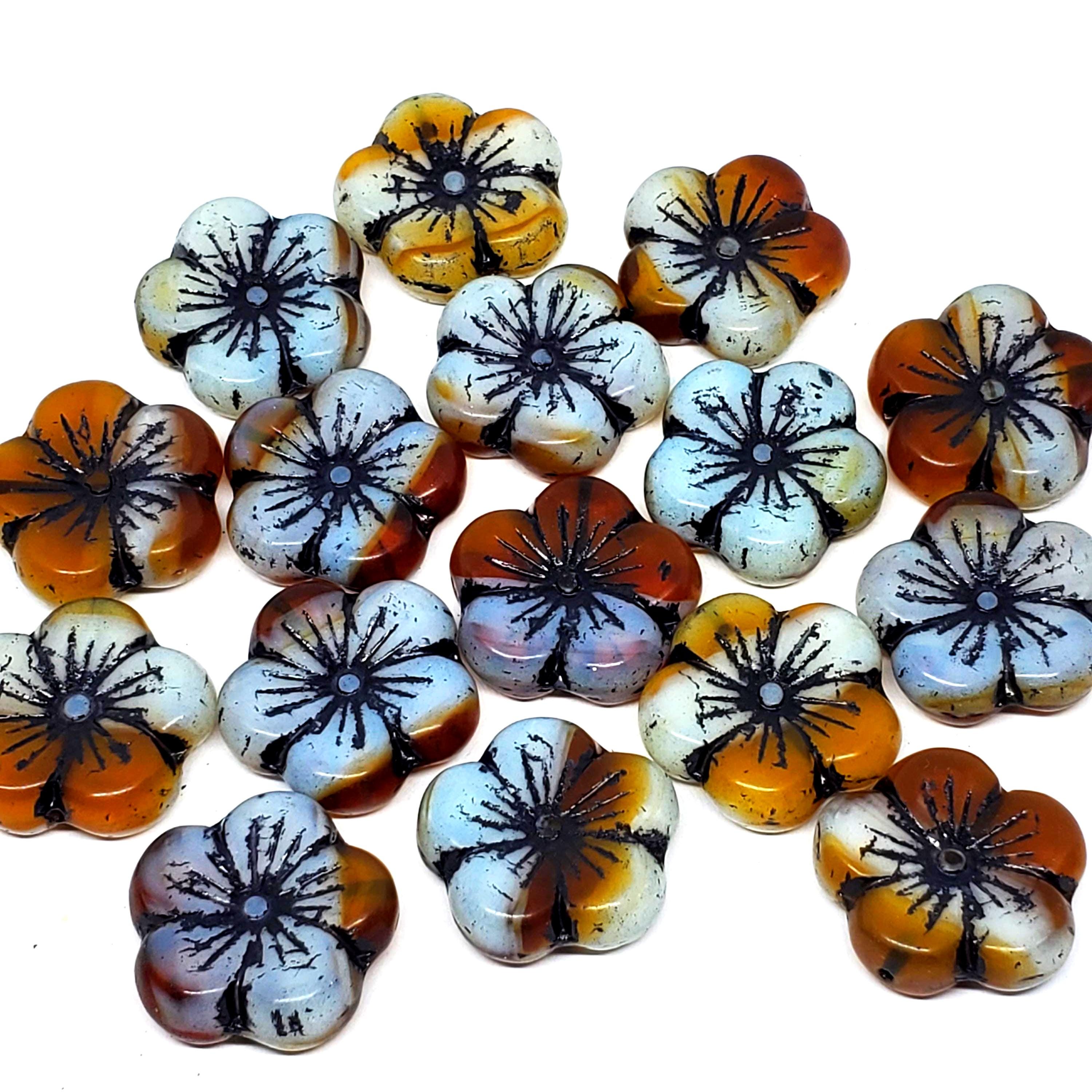 Big Hawaiian Flower Czech Glass Light Blue/Brown 22mm - 6pcs