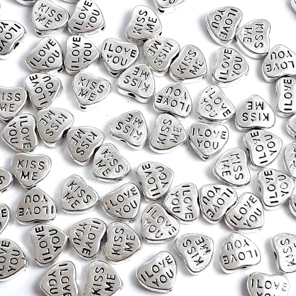 'I Love You' & 'Kiss Me' Heart Antique Silver 8x7mm - 20pcs