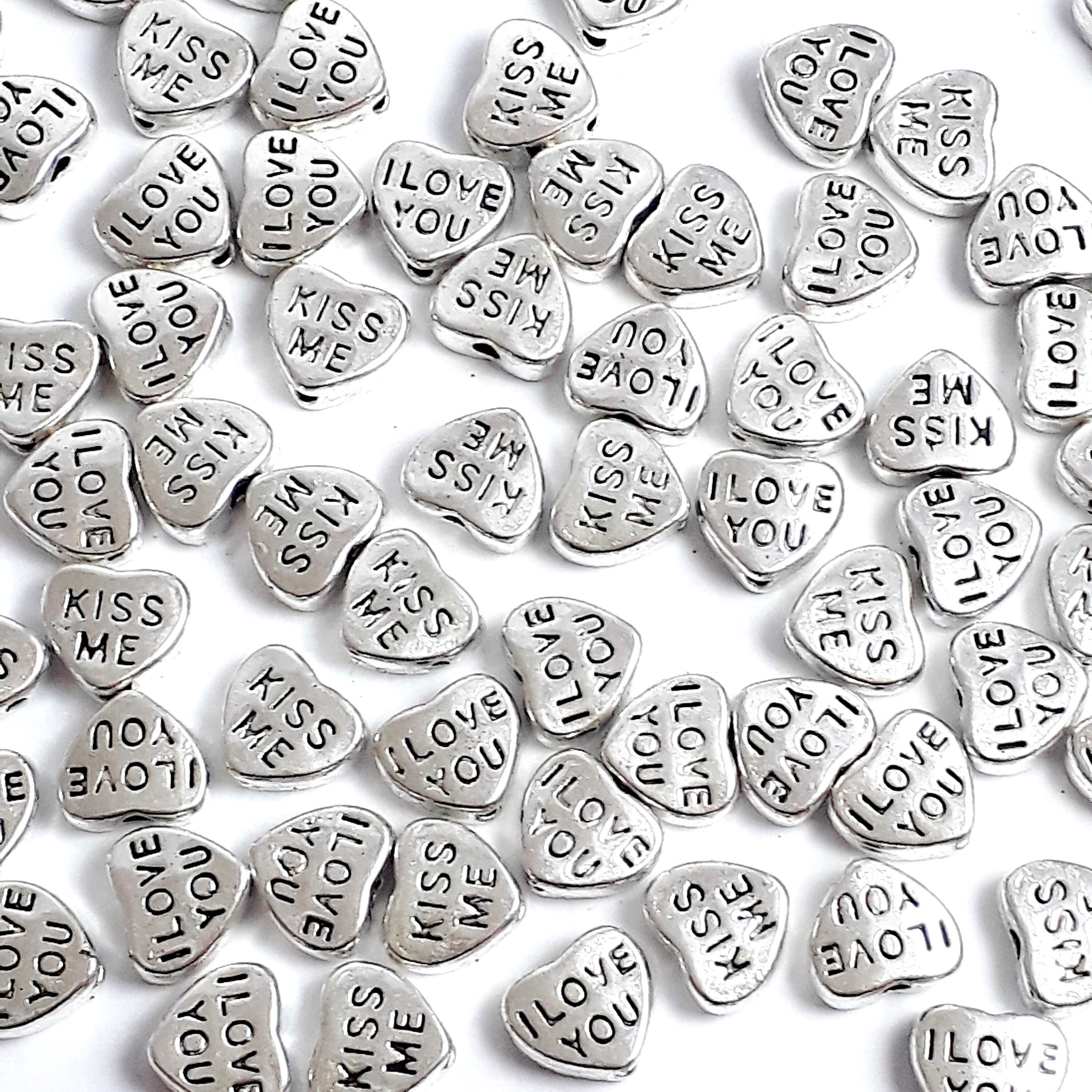 'I Love You' & 'Kiss Me' Heart Antique Silver 8x7mm - 20pcs
