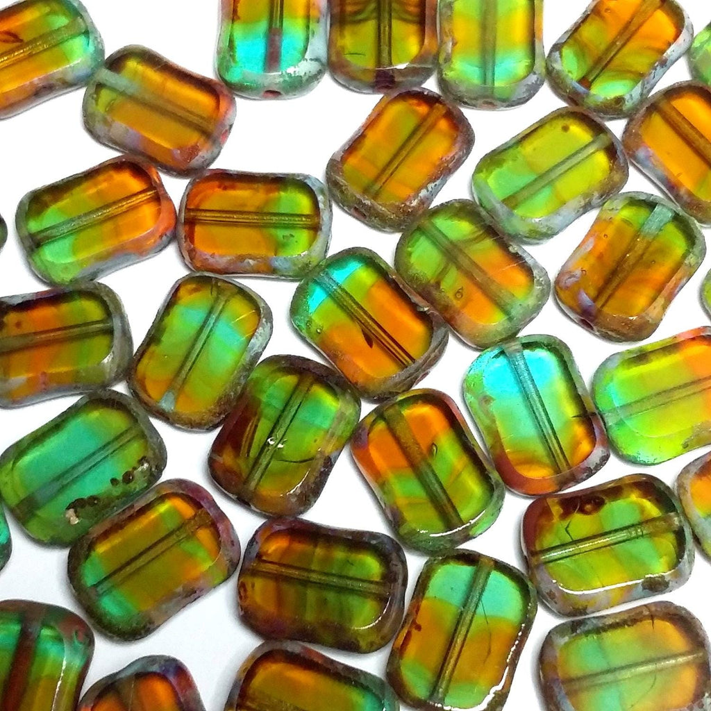 Brown & Green Table Cut Czech Glass Flat Rectangle 12x9mm - 6pcs