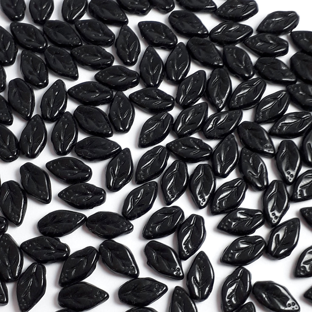 Opaque Black Czech Glass Leaf 10x6mm - 30pcs