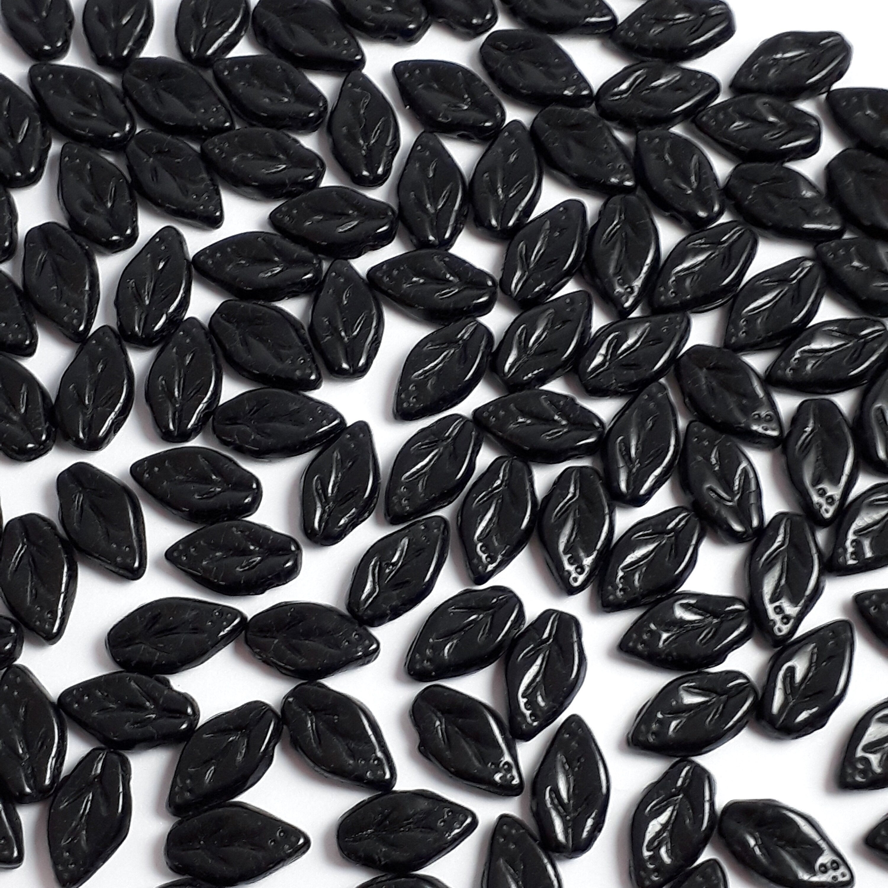 Opaque Black Czech Glass Leaf 10x6mm - 30pcs