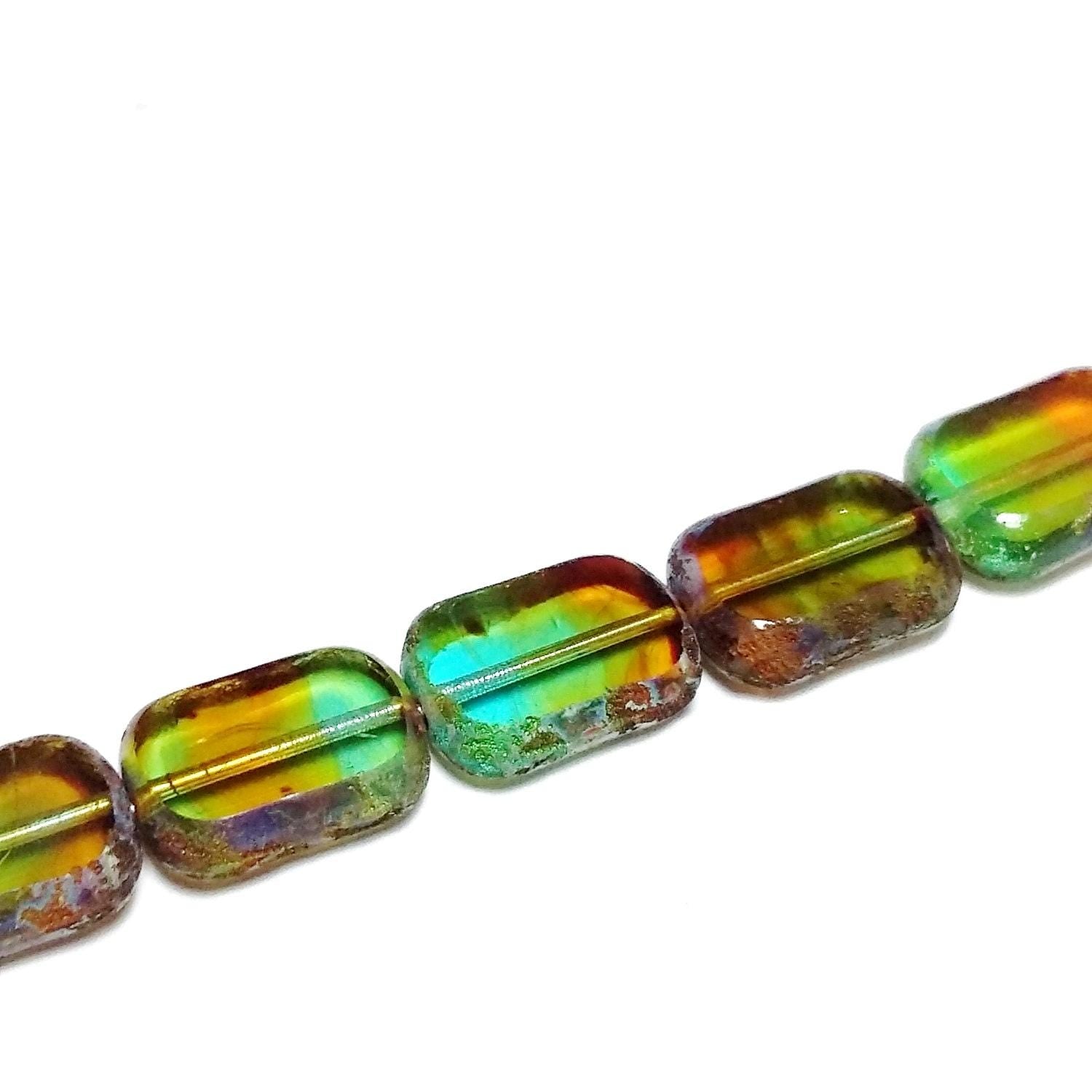 Brown & Green Table Cut Czech Glass Flat Rectangle 12x9mm - 6pcs