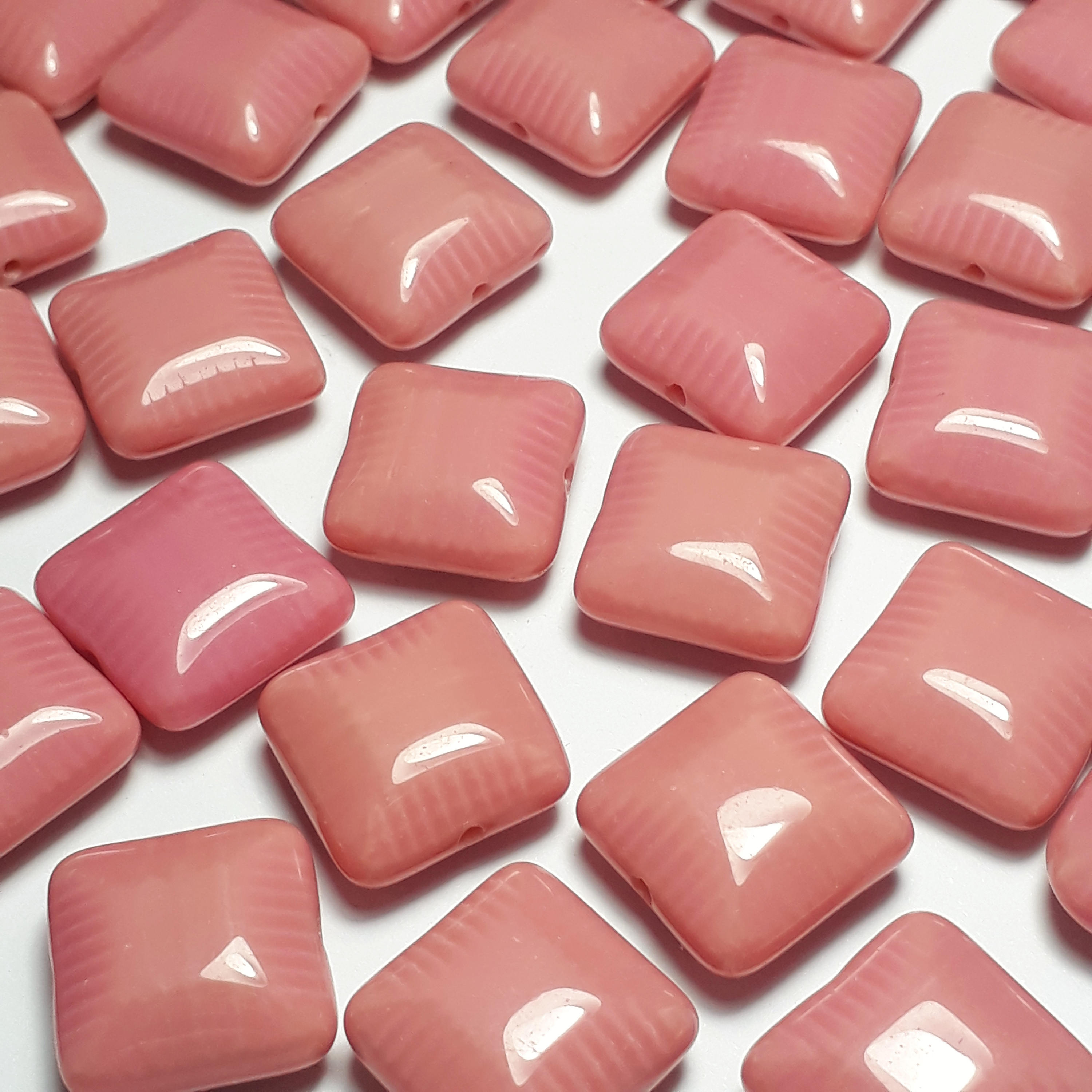 Pink Puffed Square Czech Glass 14mm - 6pcs