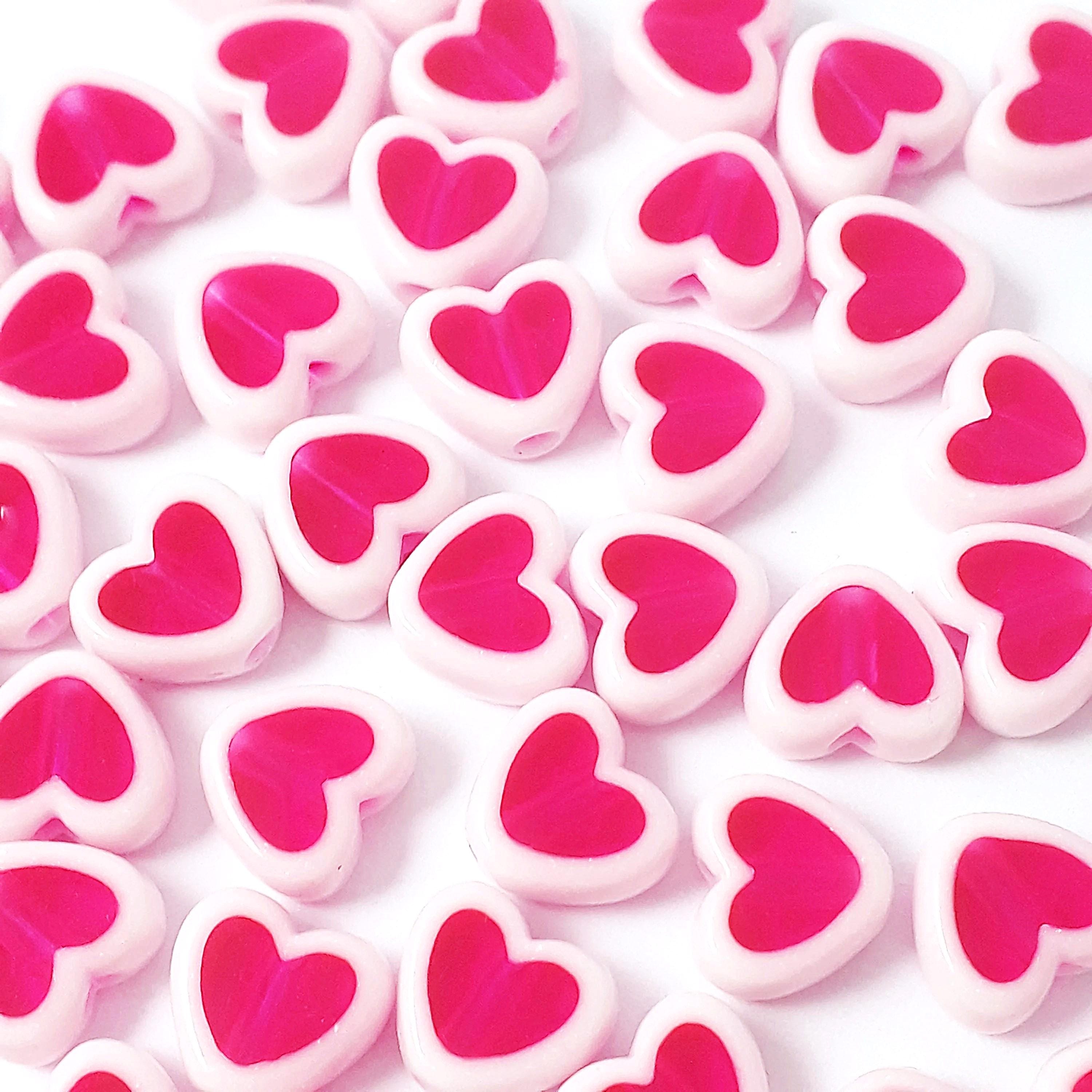 White & Hot Pink Heart Acrylic 8x7mm - 50pcs