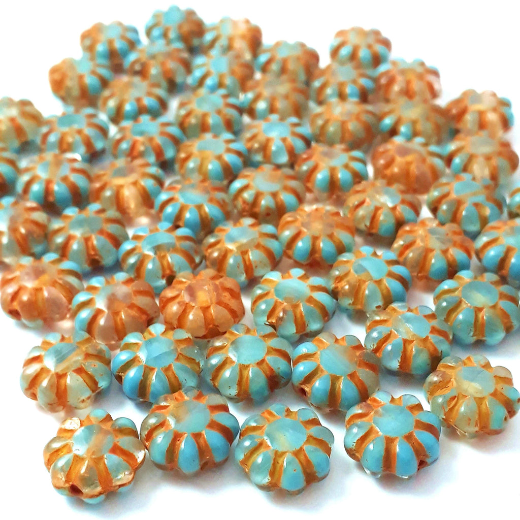 Orange & Blue Czech Glass Hawaiian Flower 9mm - 10pcs