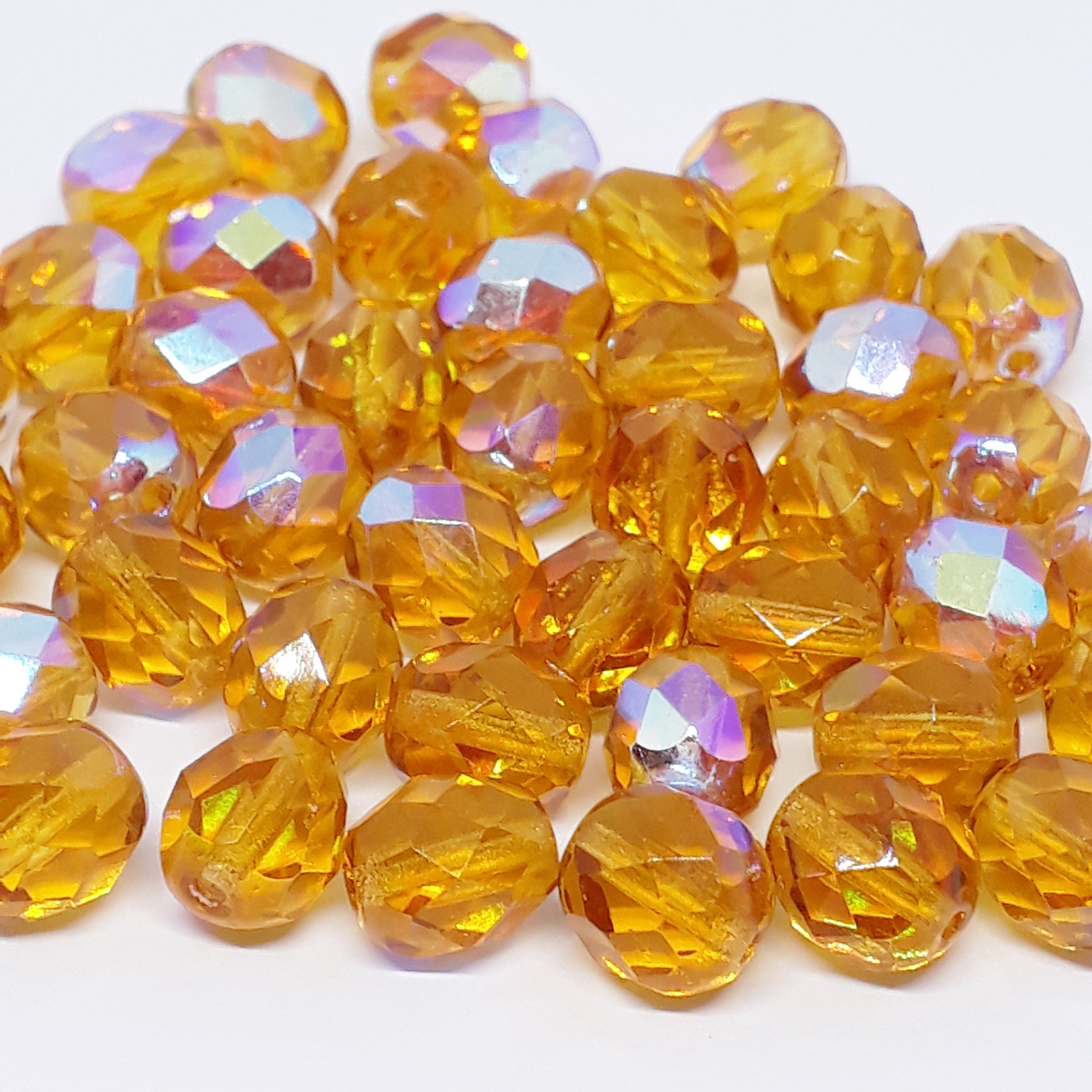 Amber & Metallic AB Faceted Czech Glass Round 8x7mm - 10pcs