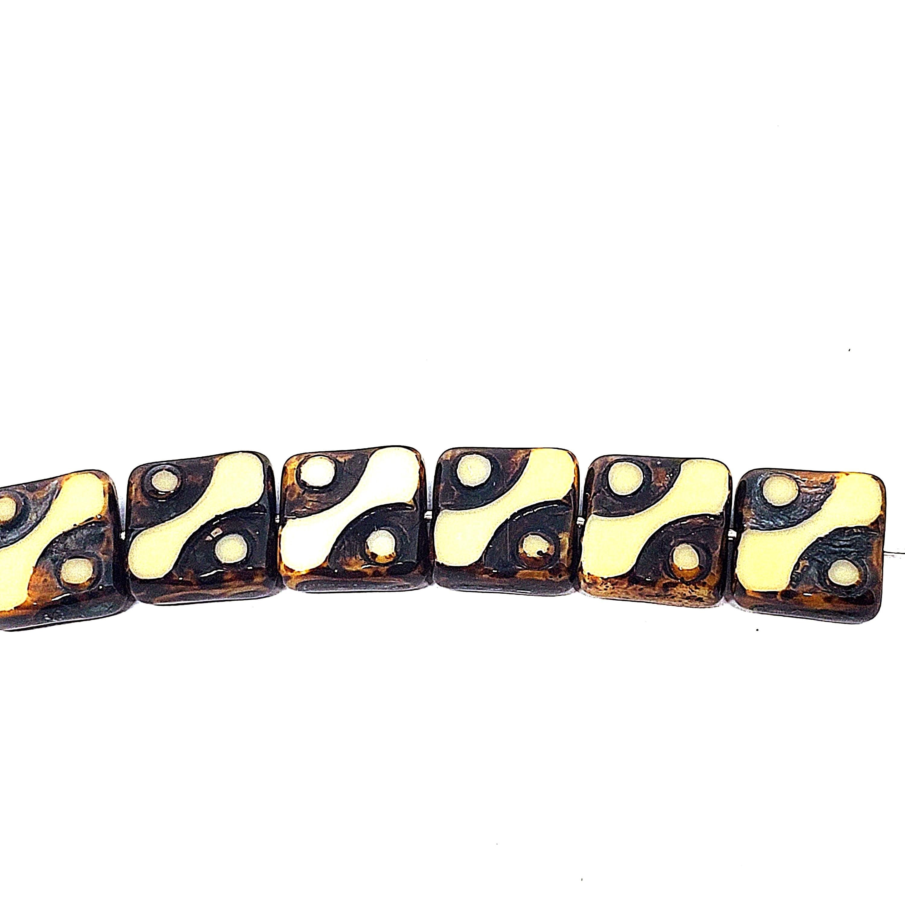 Brown & Cream Table Cut Flat Square Czech Glass 10mm - 6pcs