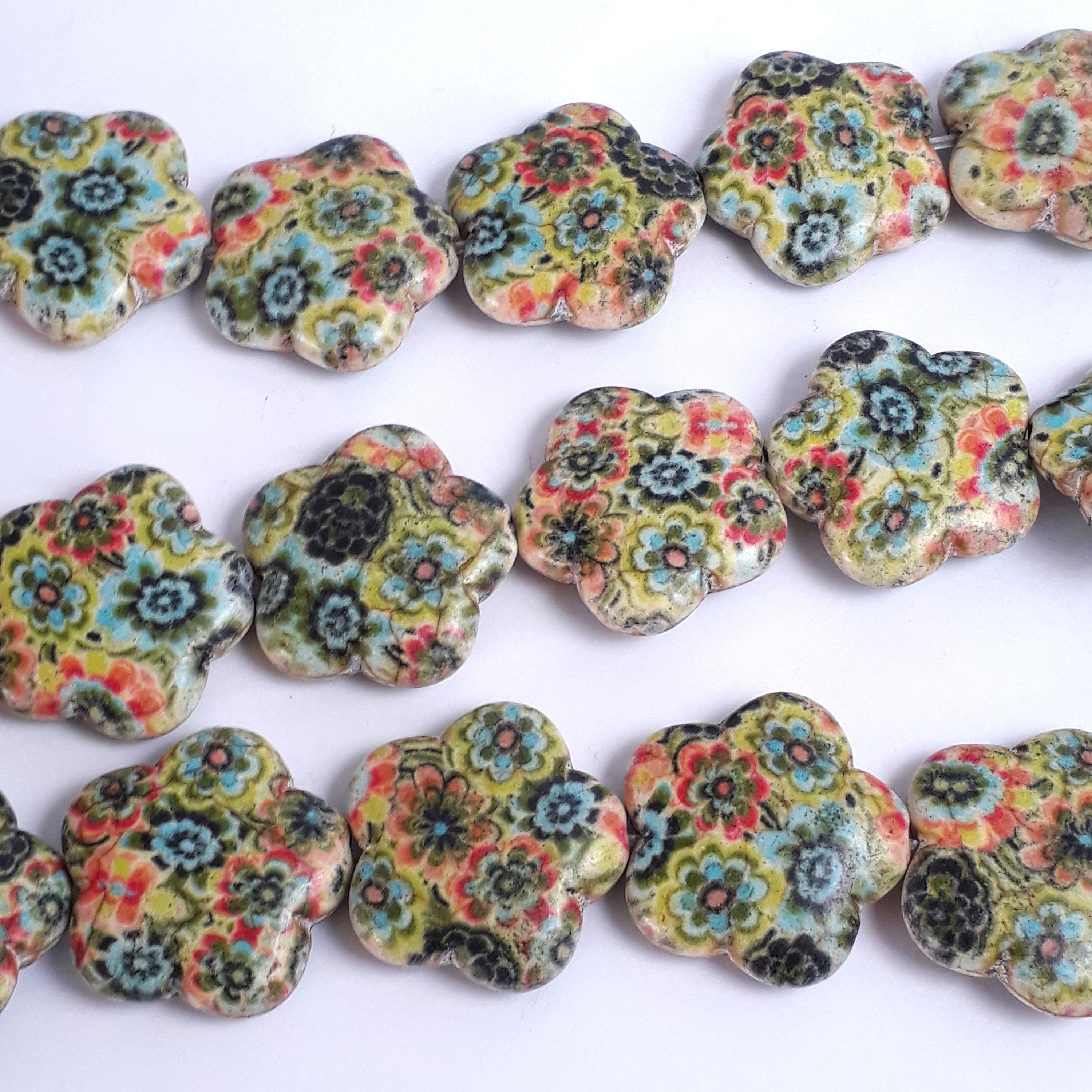 Flower Vintage Print Howlite Stone 20mm  - 10pcs