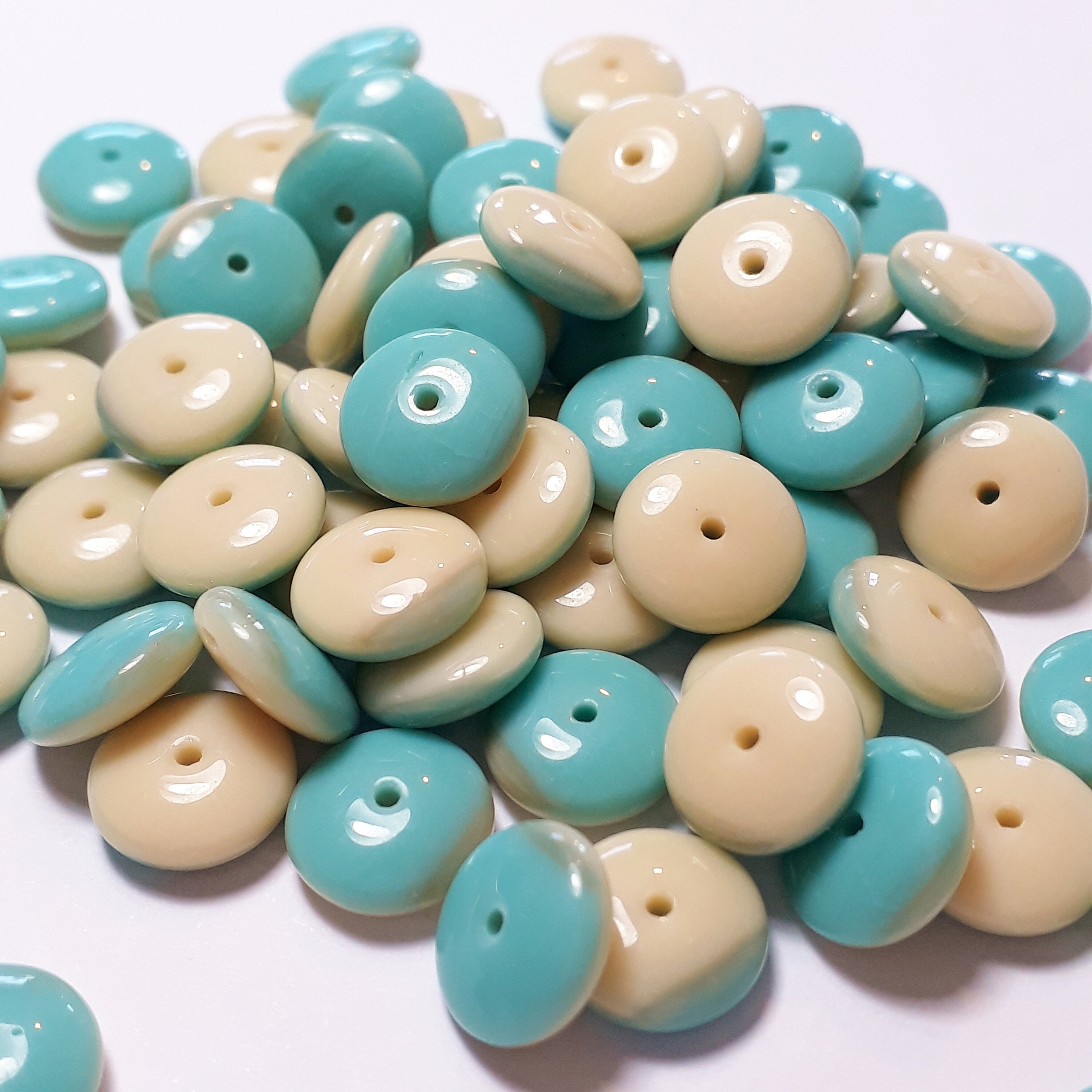 Cream & Turquoise Czech Glass Disc 9mm - 20pcs