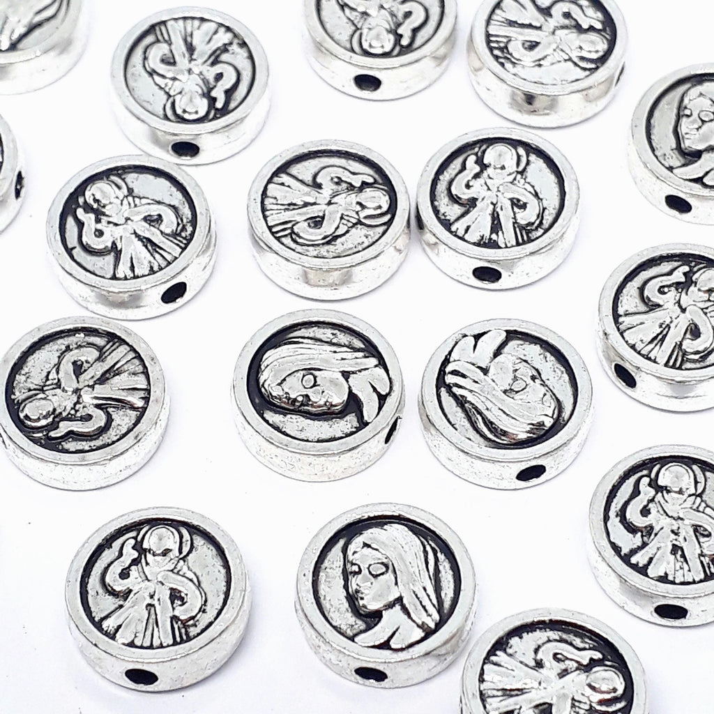 Virgin Mary Flat Round Antique Silver 9mm - 10pcs