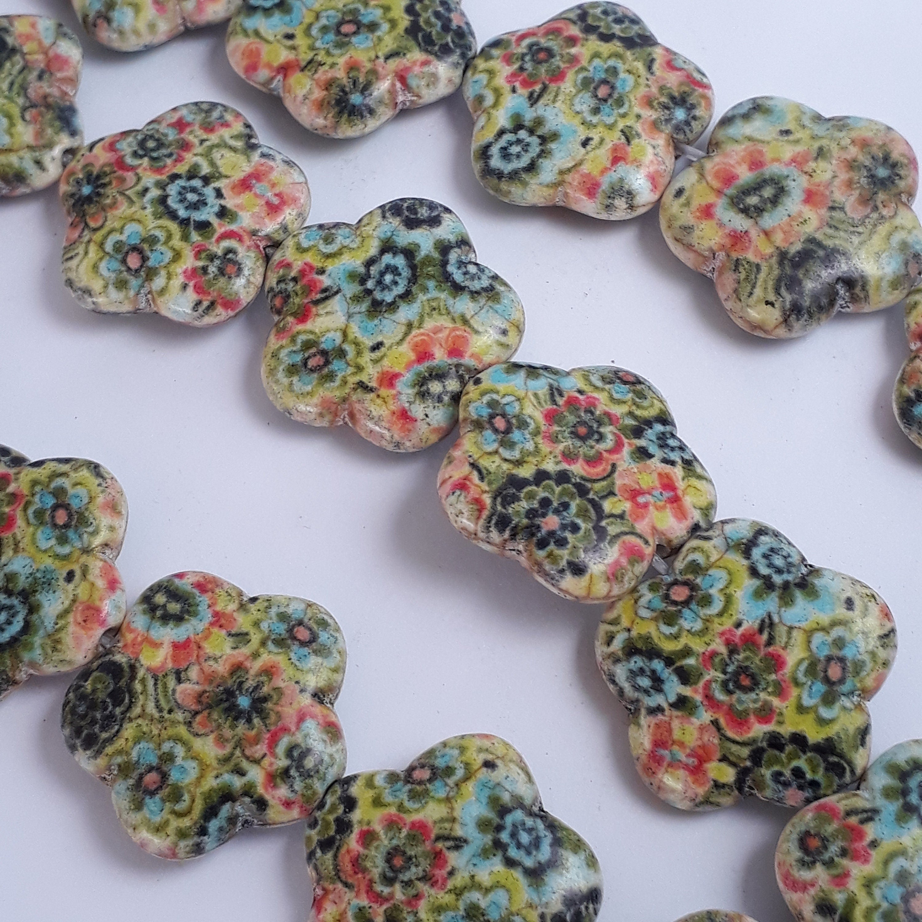 Flower Vintage Print Howlite Stone 20mm  - 10pcs