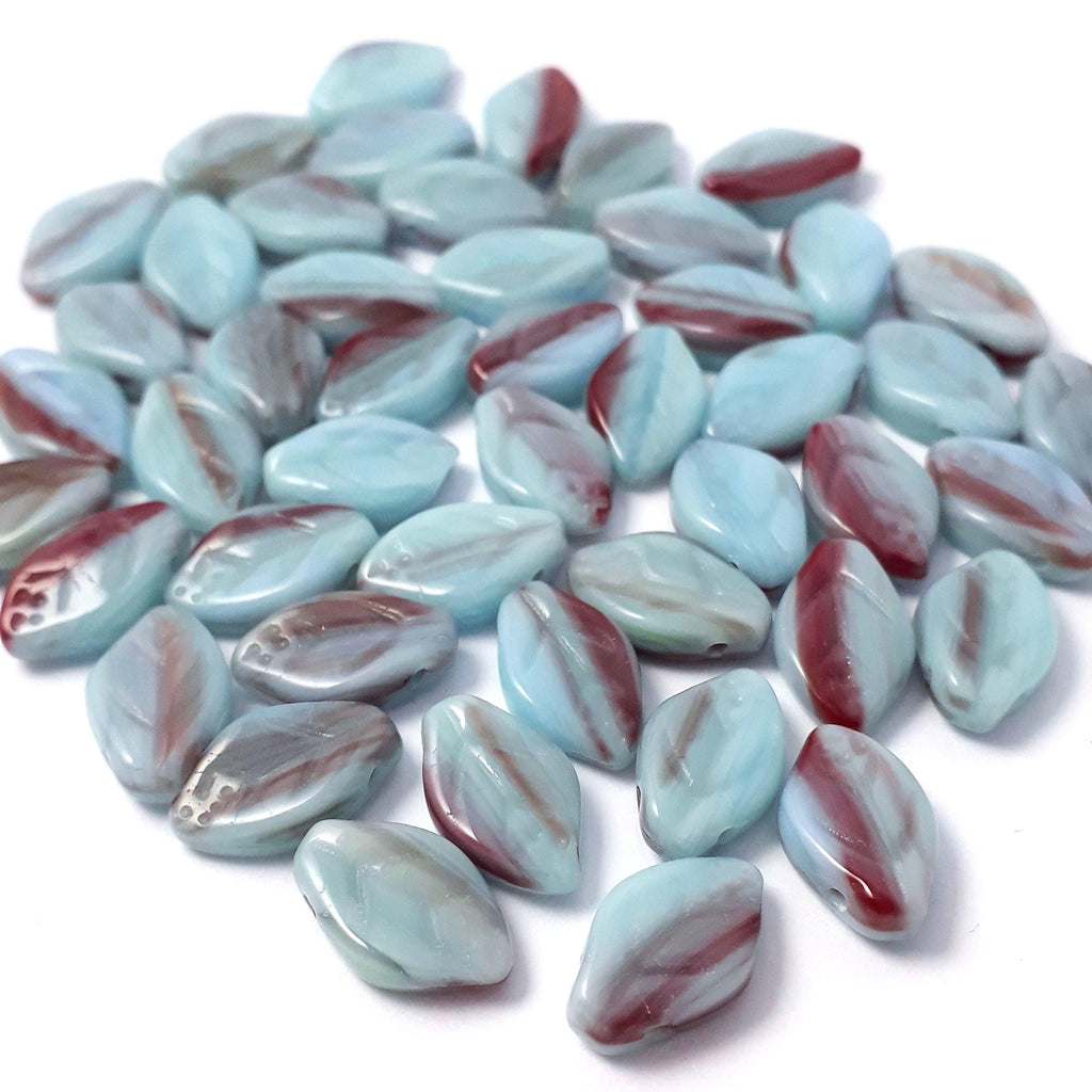 Light Blue & Red Czech Glass Leaf 12x7mm - 20pcs