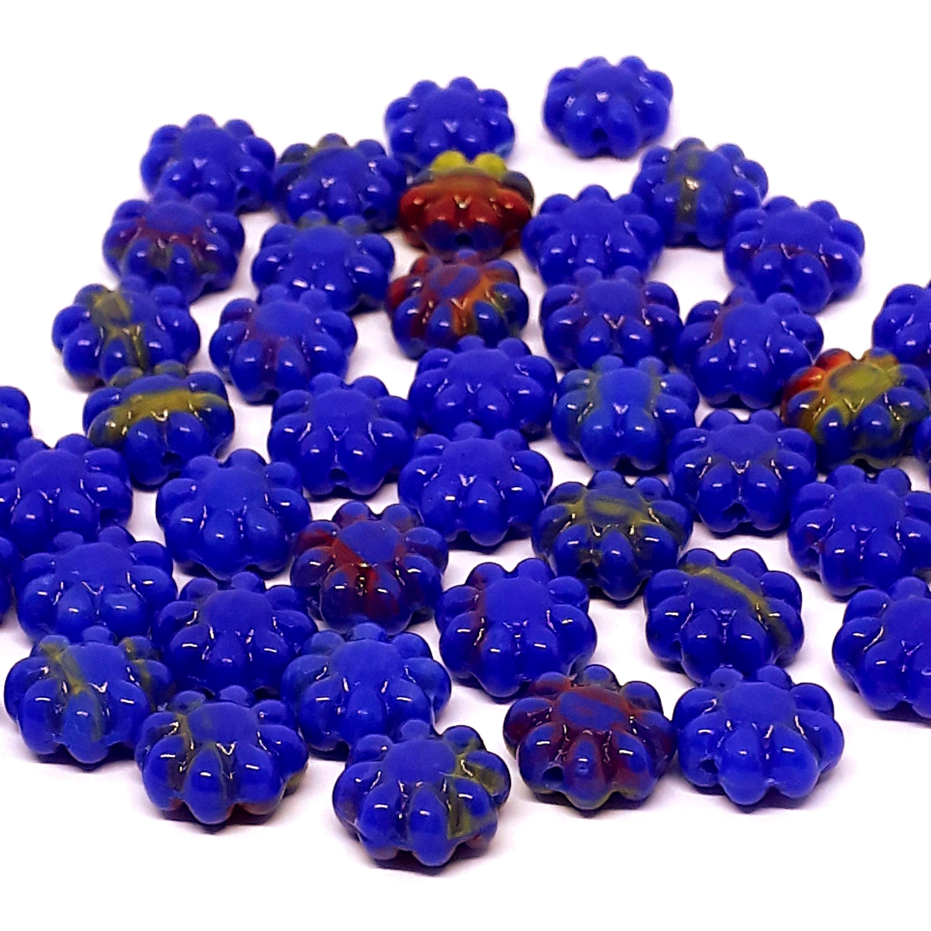 Blue Green & Red Czech Glass Hawaiian Flower 9mm - 10pcs