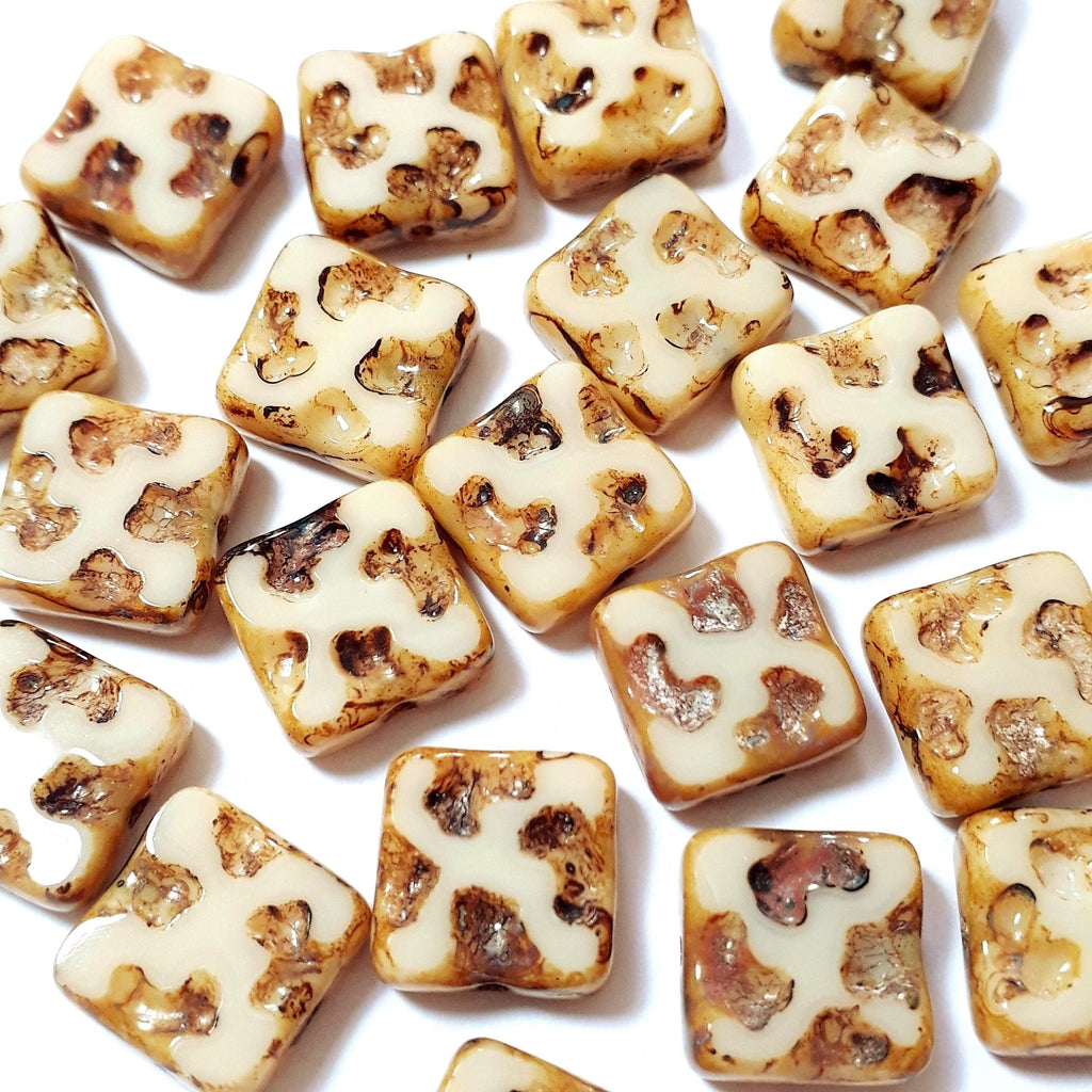 Flat Square Cream & Brown Table Cut Czech Glass 10mm - 6pcs