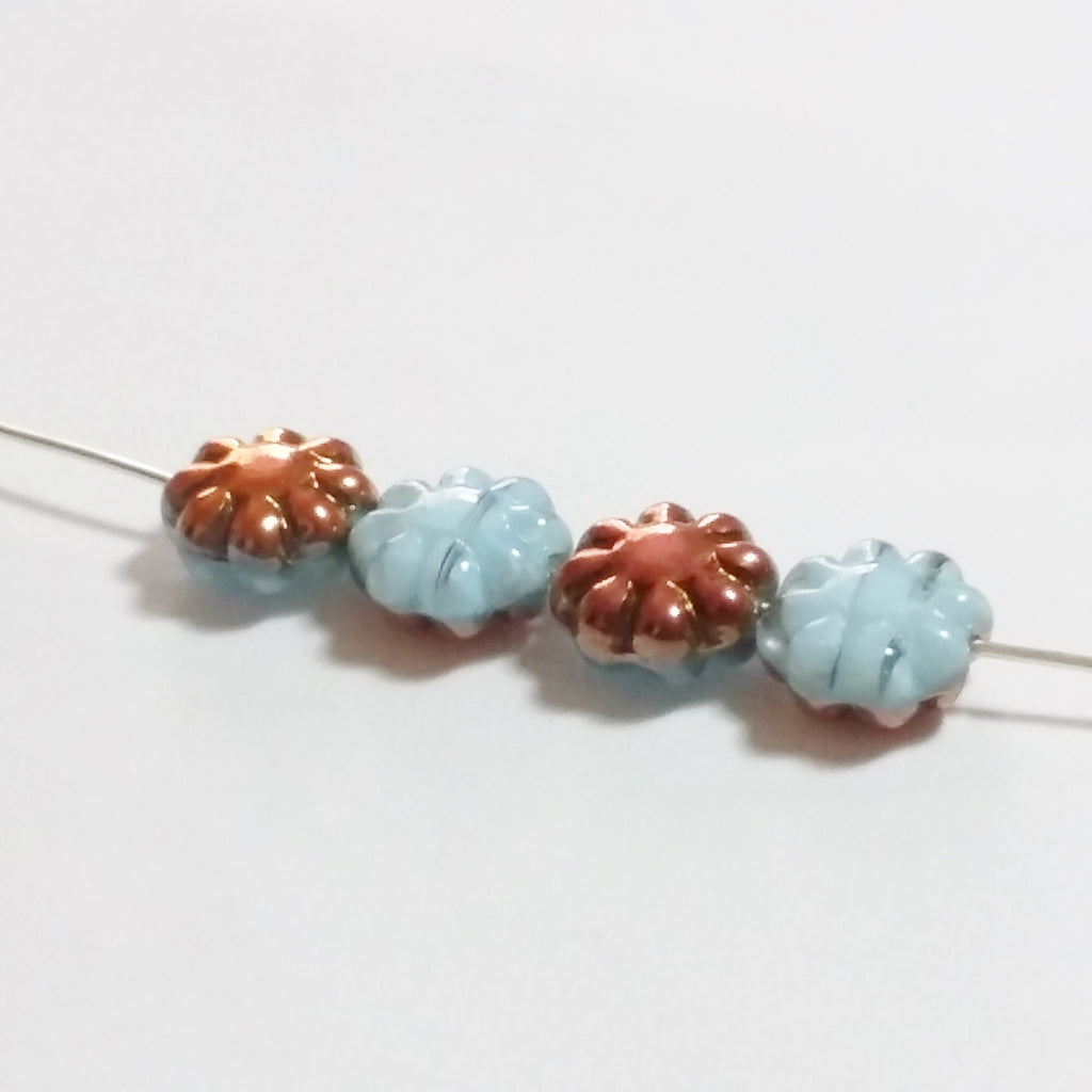 Light Blue & Orange Metallic Czech Glass Flower 9mm - 10pcs