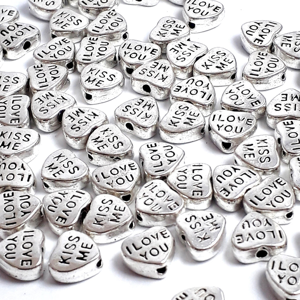 'I Love You' & 'Kiss Me' Heart Antique Silver 8x7mm - 20pcs