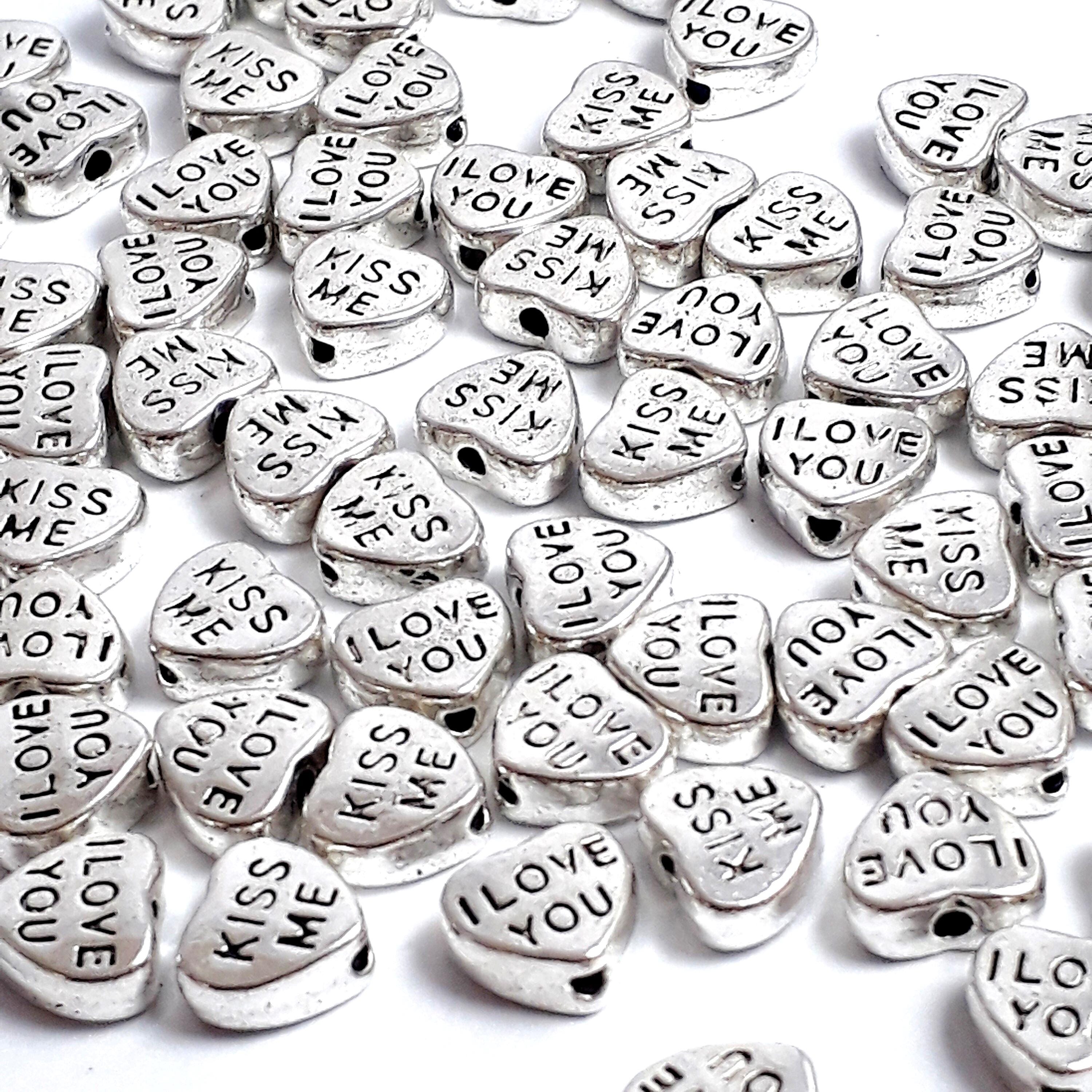 'I Love You' & 'Kiss Me' Heart Antique Silver 8x7mm - 20pcs