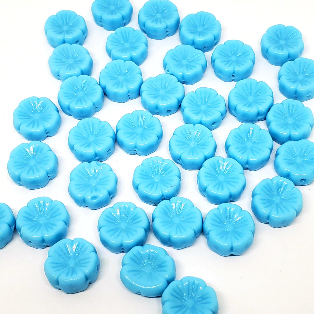Light Blue Czech Pressed Glass Hawaiian Flower 14mm - 6pcs