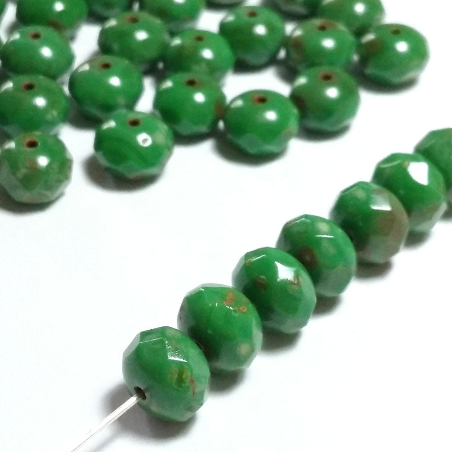 Forest Green Lustre Picasso Czech Glass Rondelle 8x6mm - 10pcs