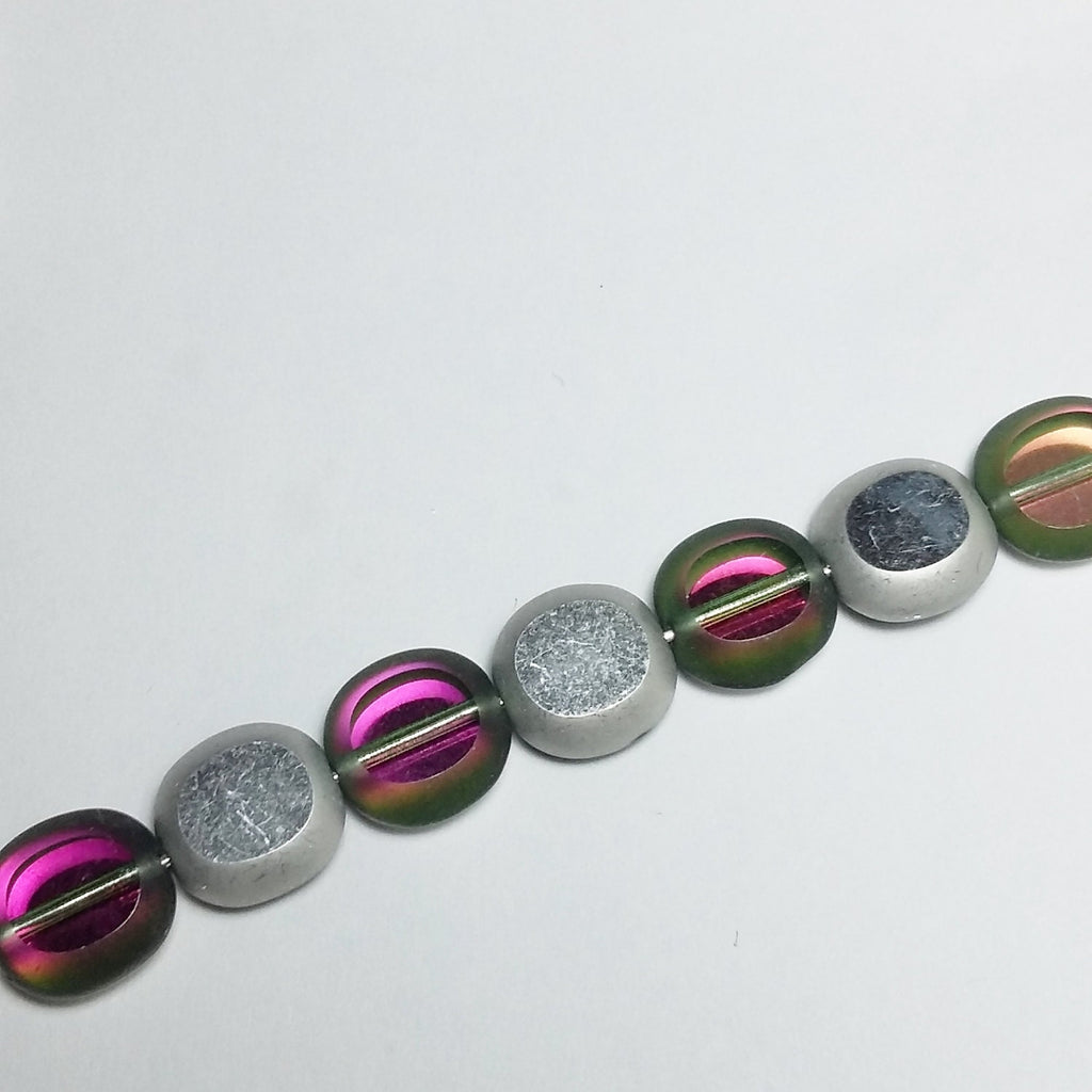 2-Sided Green & Pink/Silver Czech Glass Cushion 10x9mm - 10pcs