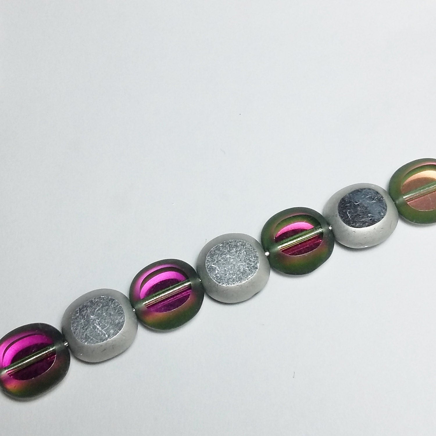 2-Sided Green & Pink/Silver Czech Glass Cushion 10x9mm - 10pcs