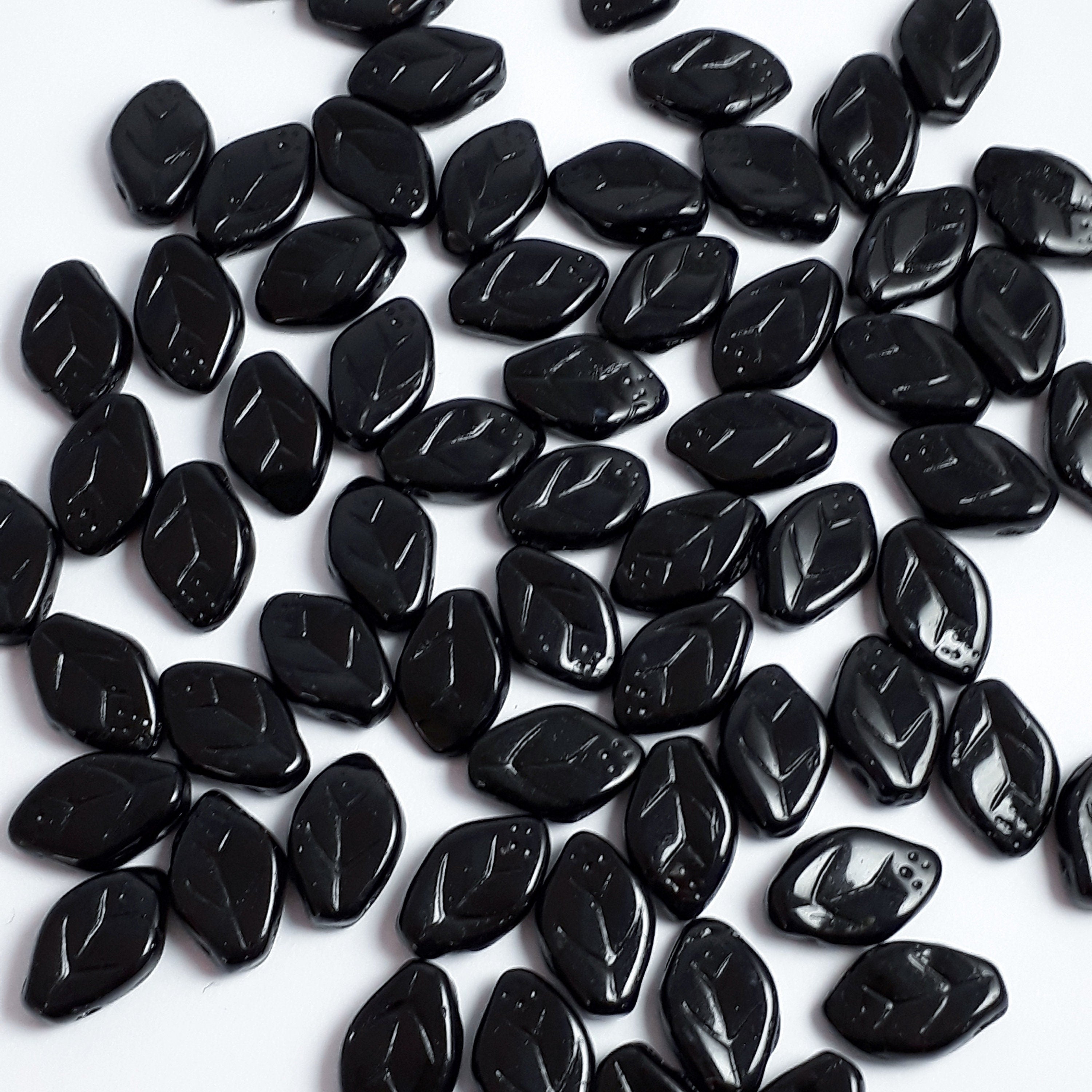 Opaque Black Czech Glass Leaf 12x7mm - 20pcs