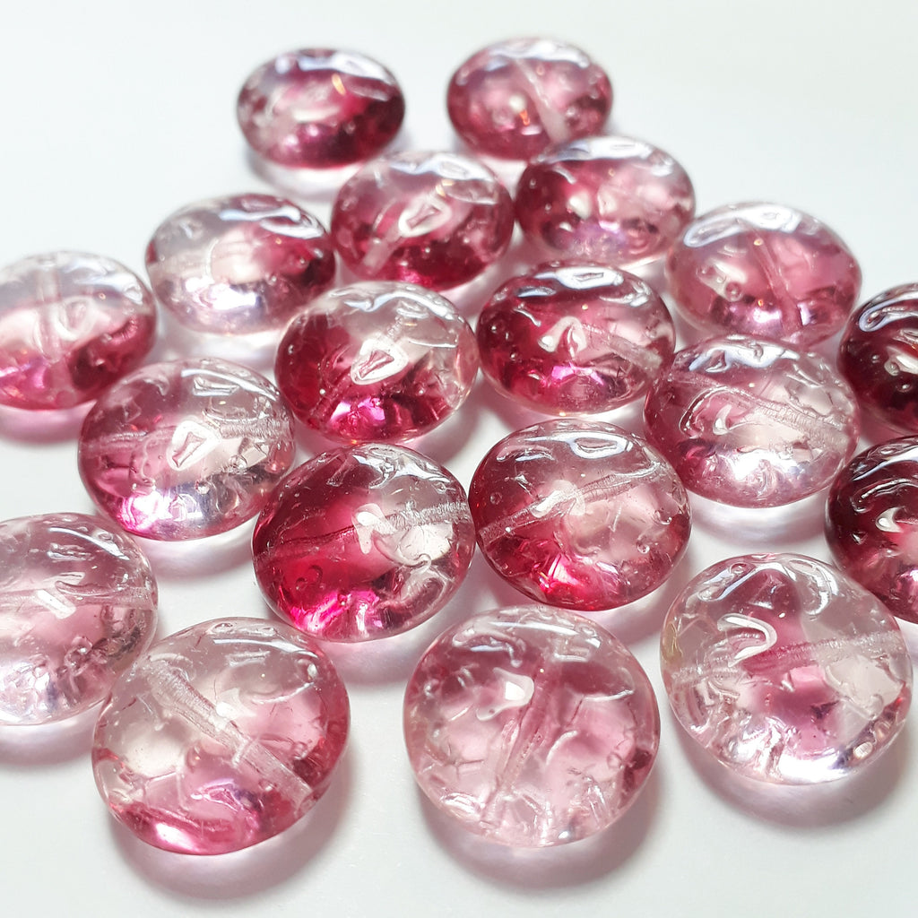 Two Tone Pink Carved Czech Glass 14mm - 6pcs