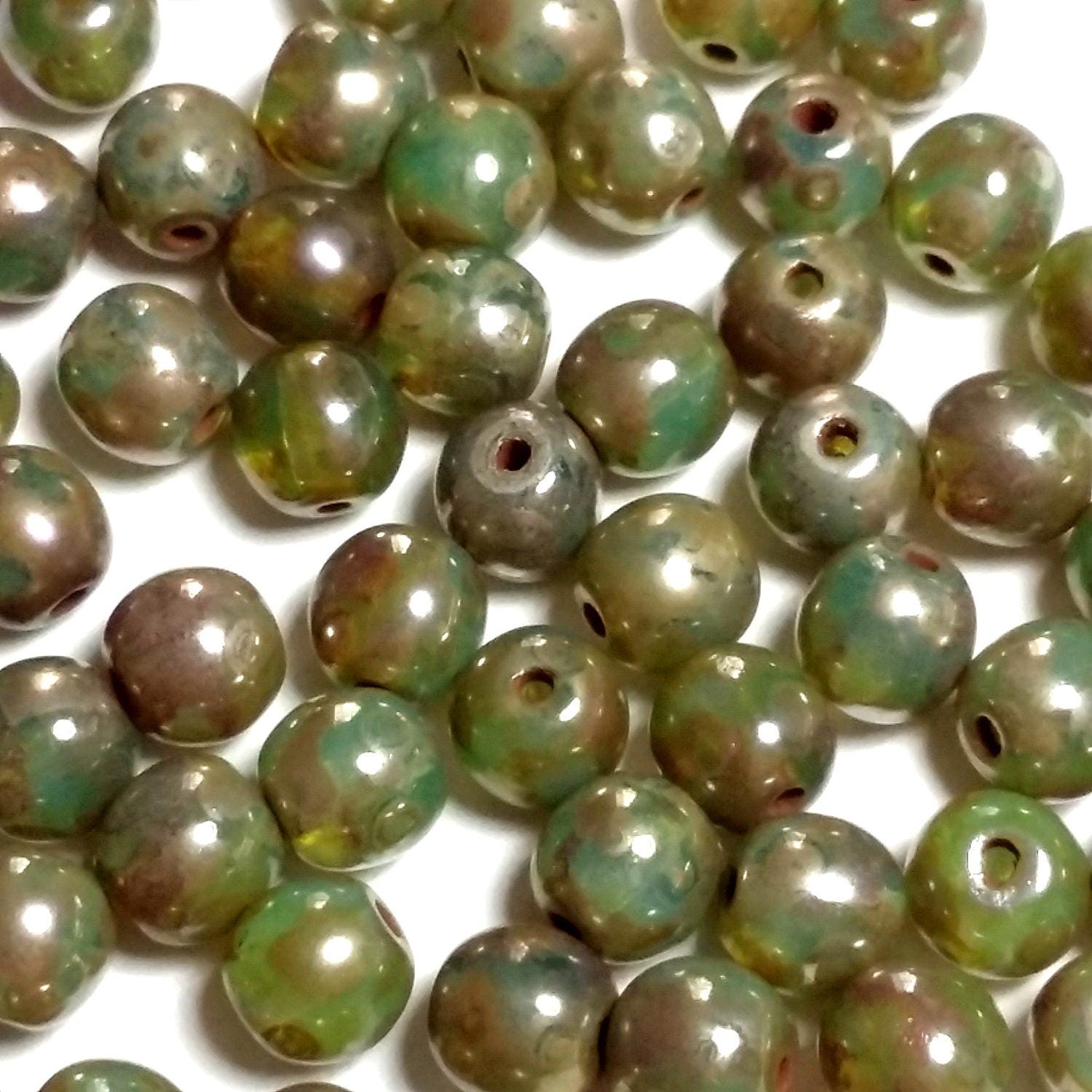 Green & Bronze Picasso Czech Glass 5mm - 40pcs