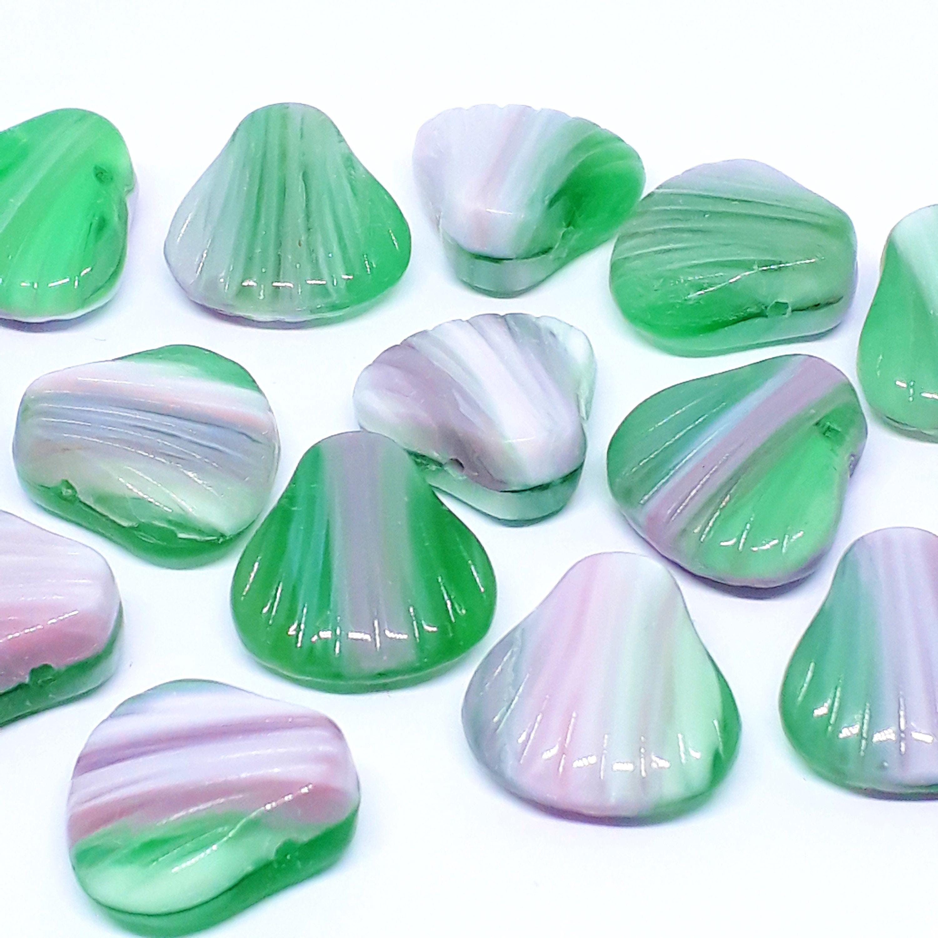 Green, Pink & White Czech Glass Shell 15mm - 6pcs