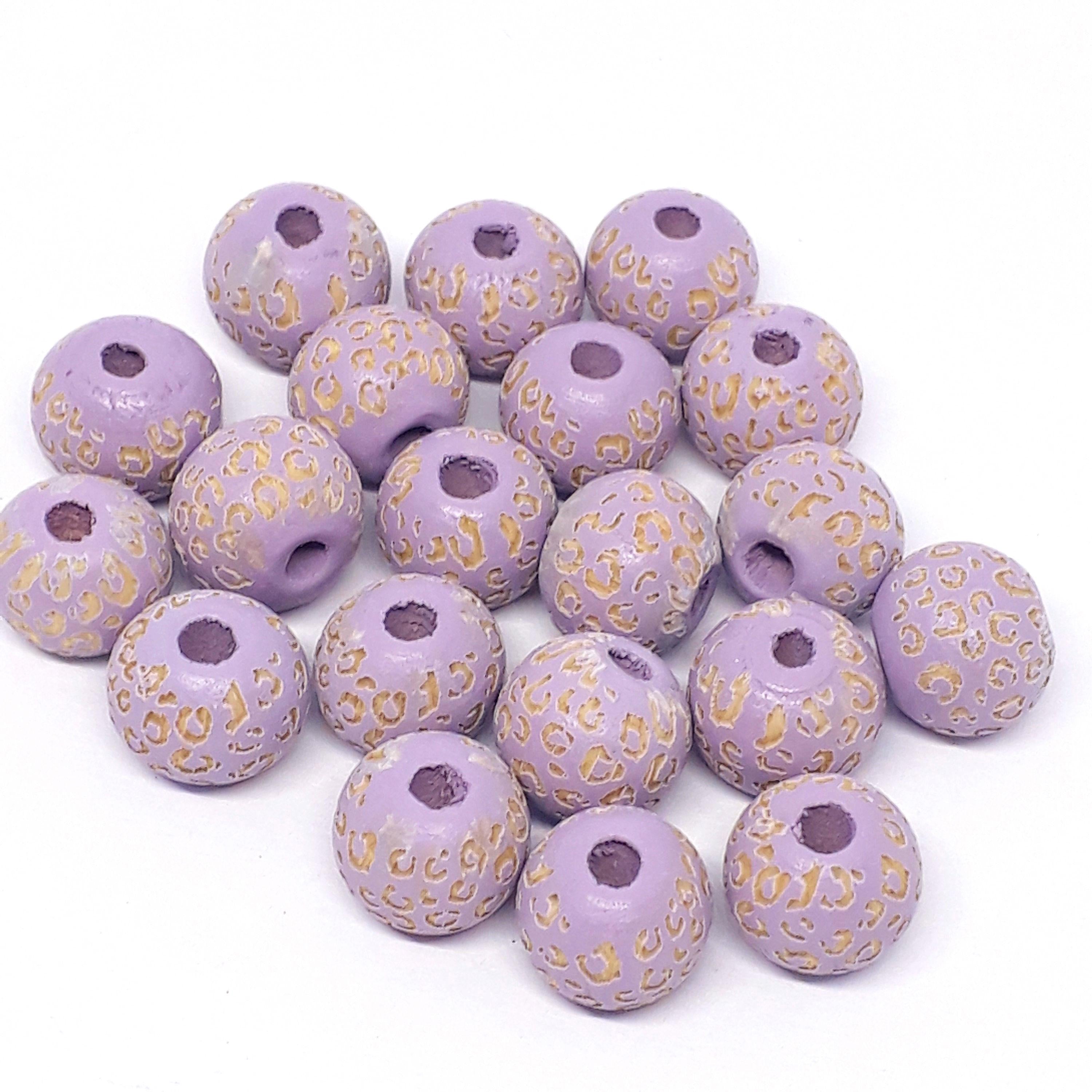 Purple Leopard Print Carved Wood Round 10x9mm - 5pcs