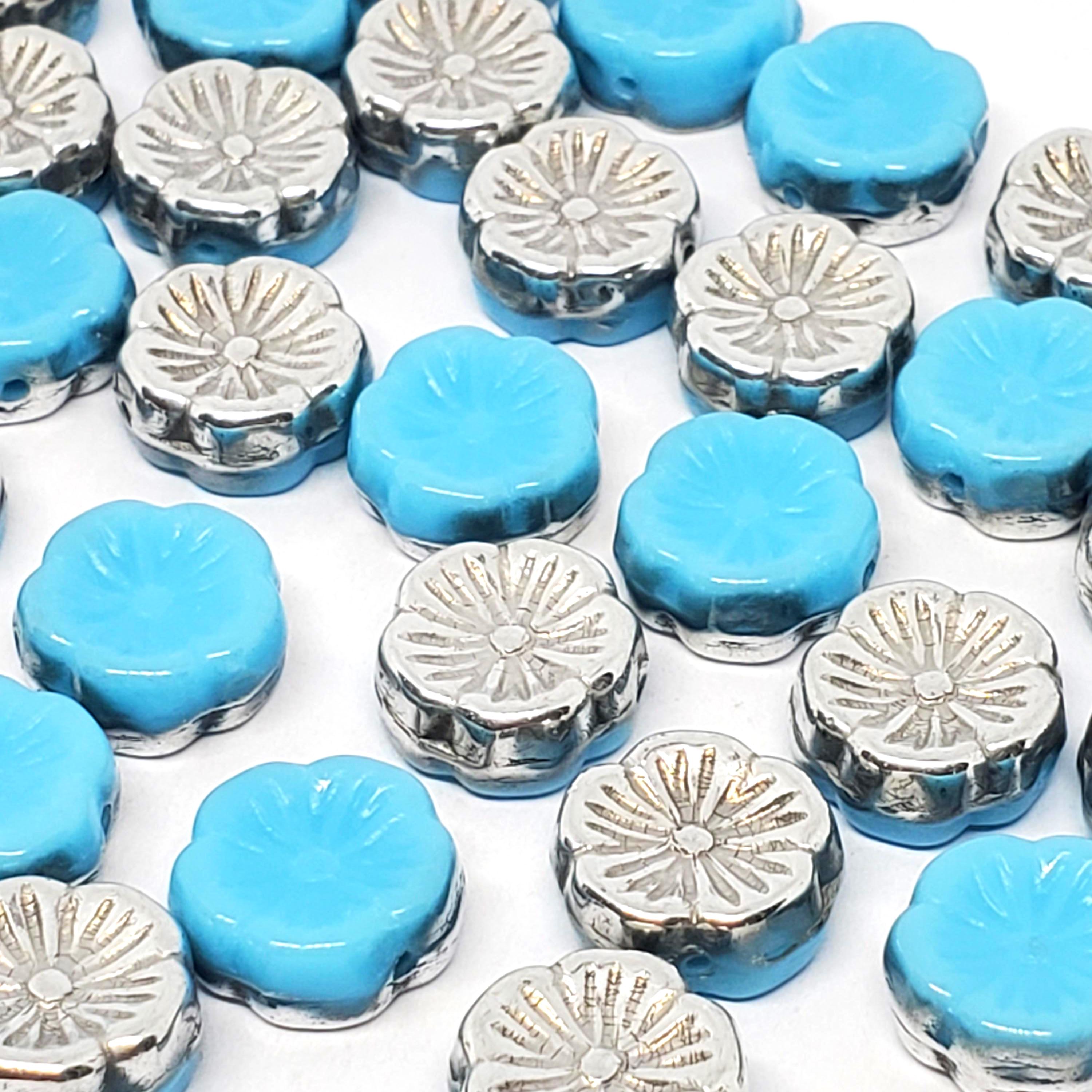 Blue & Silver Pressed Glass Hawaiian Flower Czech Glass 12mm - 6pcs