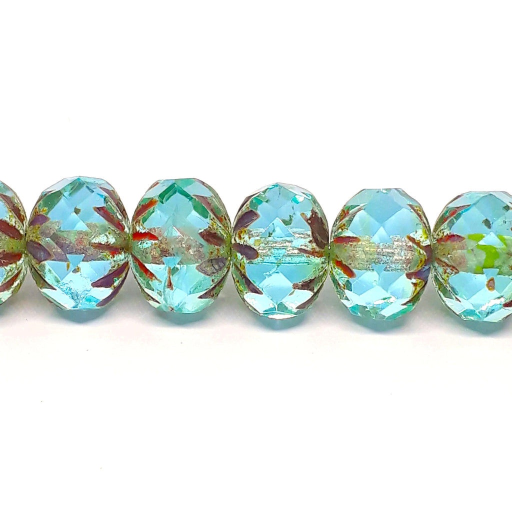 Aqua Blue Czech Glass Rondelle Cathedral 10x7mm - 6pcs