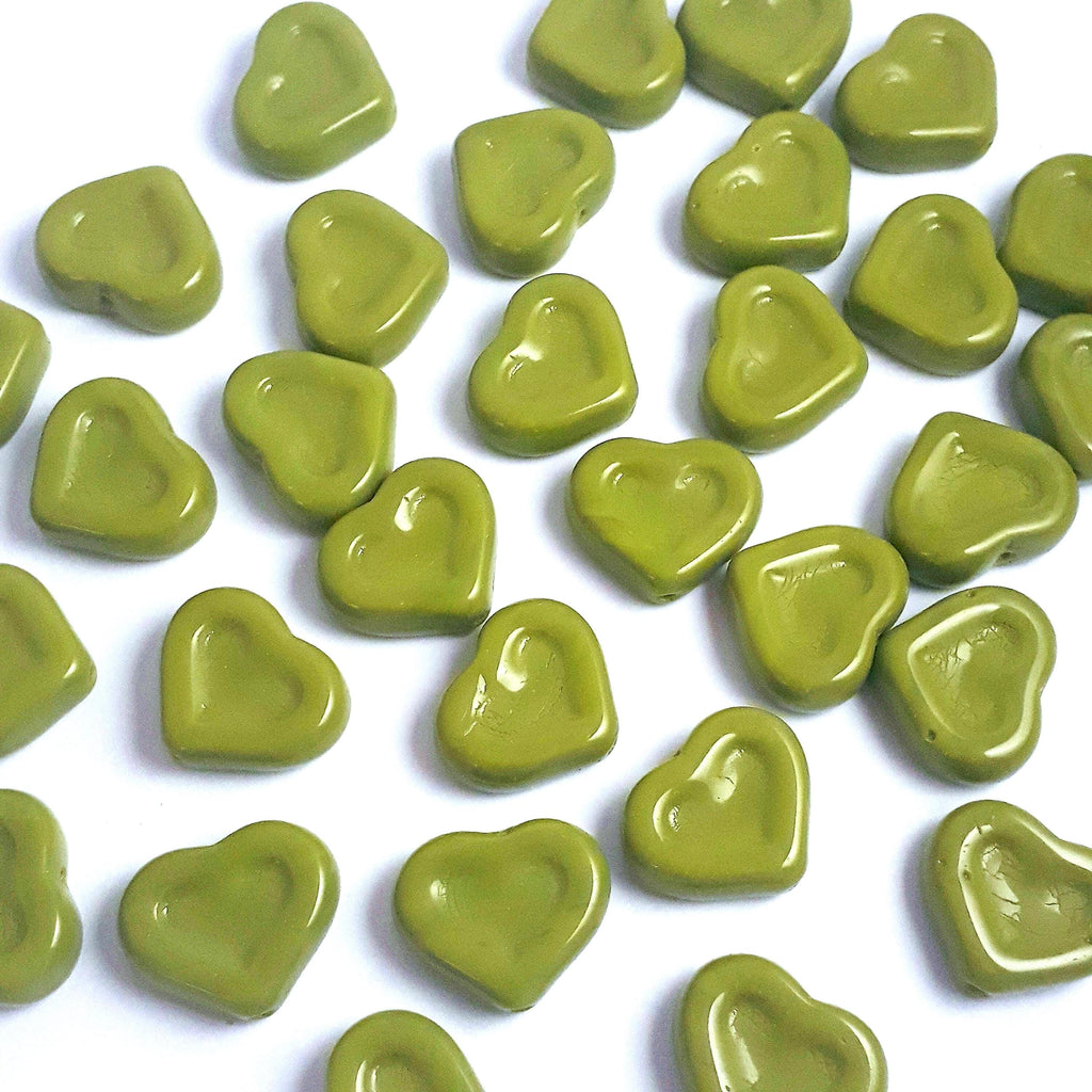 Olive Green Heart Czech Glass 14x12mm - 6pcs
