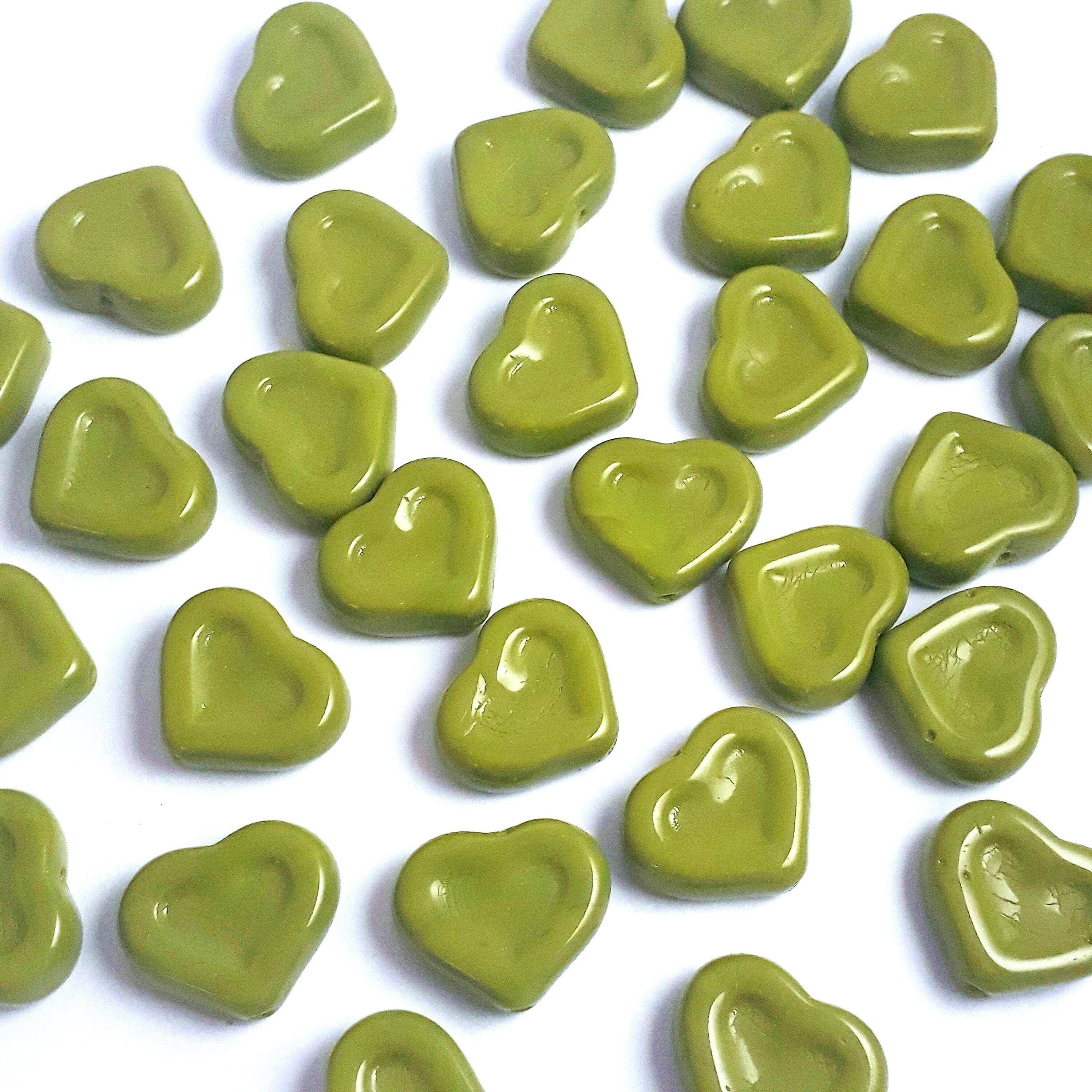 Olive Green Heart Czech Glass 14x12mm - 6pcs
