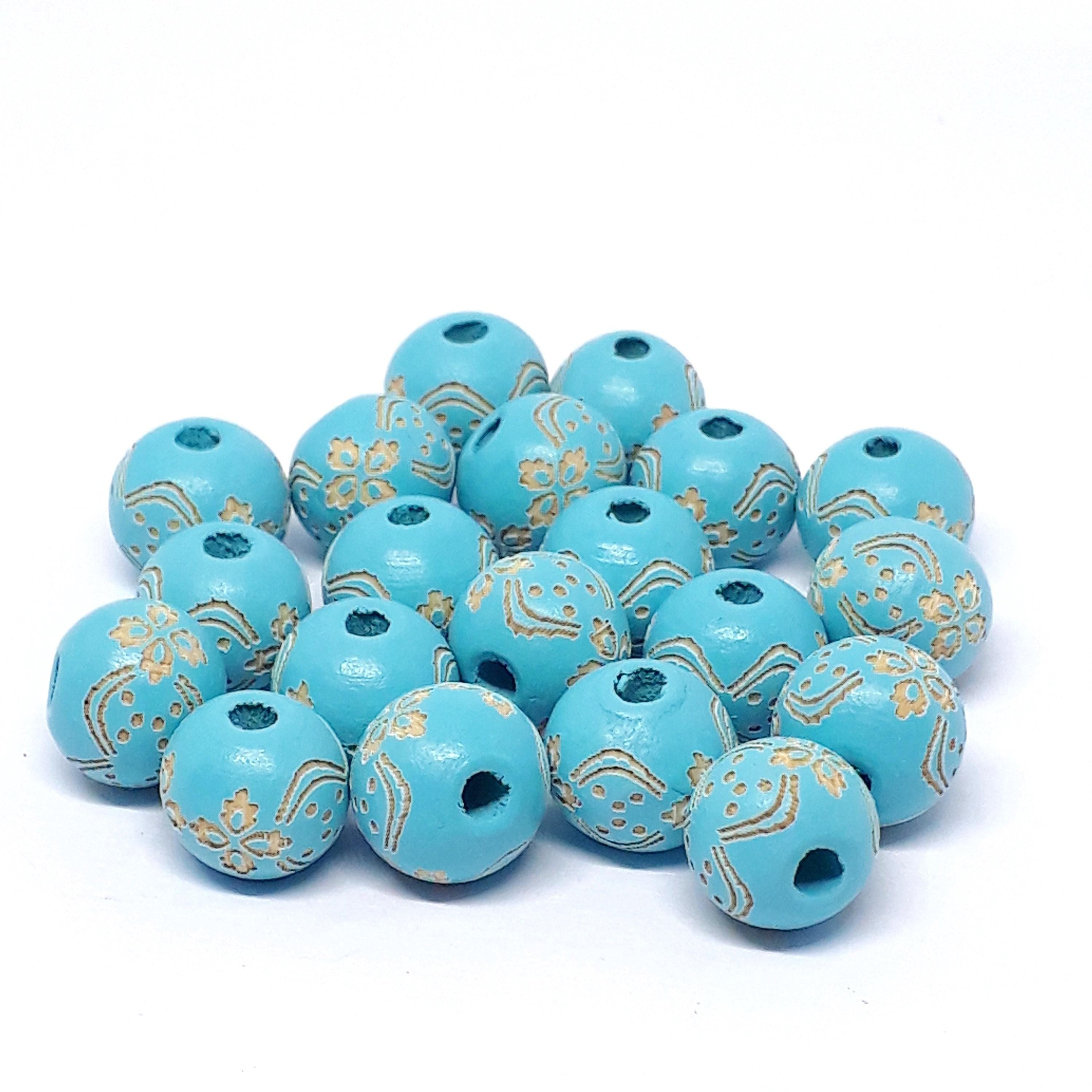 Turquoise Carved Floral Wood Round 10x9mm - 5pcs