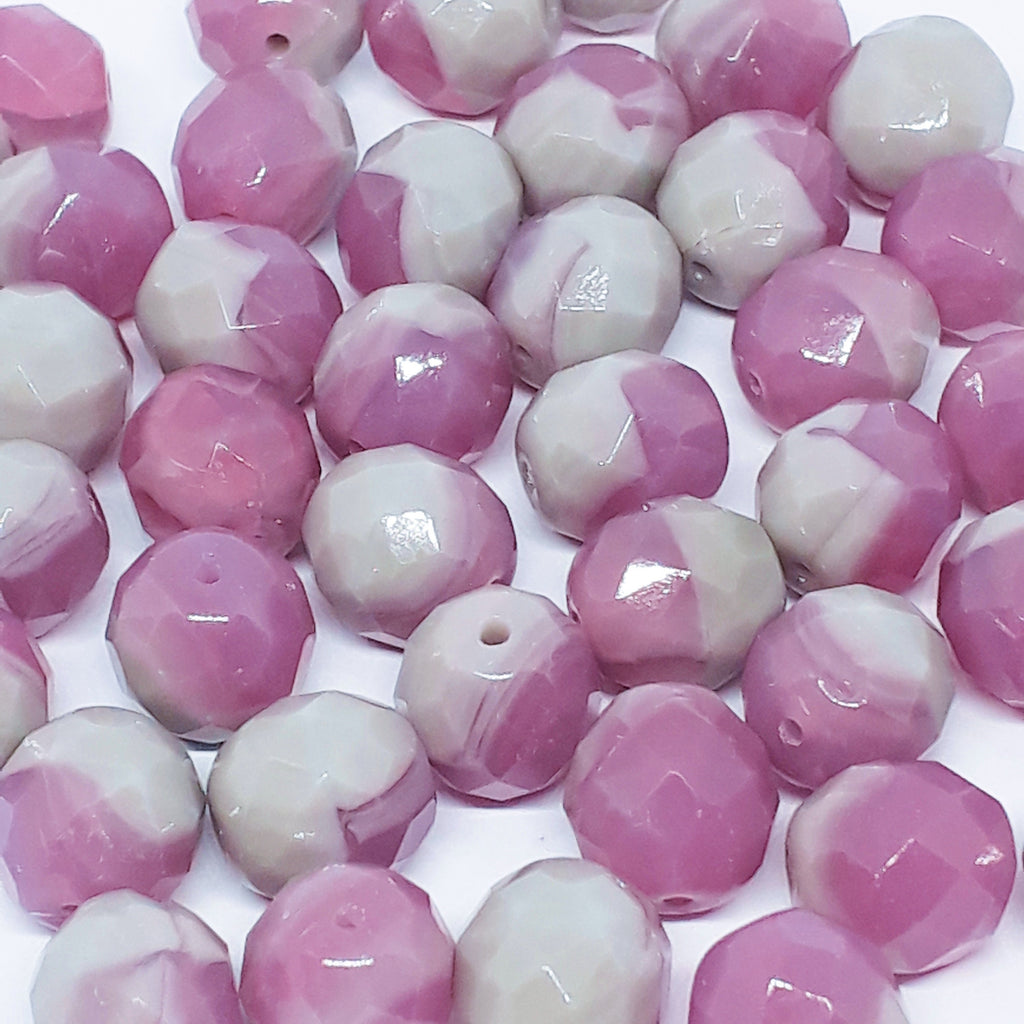 Pink & Grey Faceted Round Czech Glass 10x9mm - 10pcs
