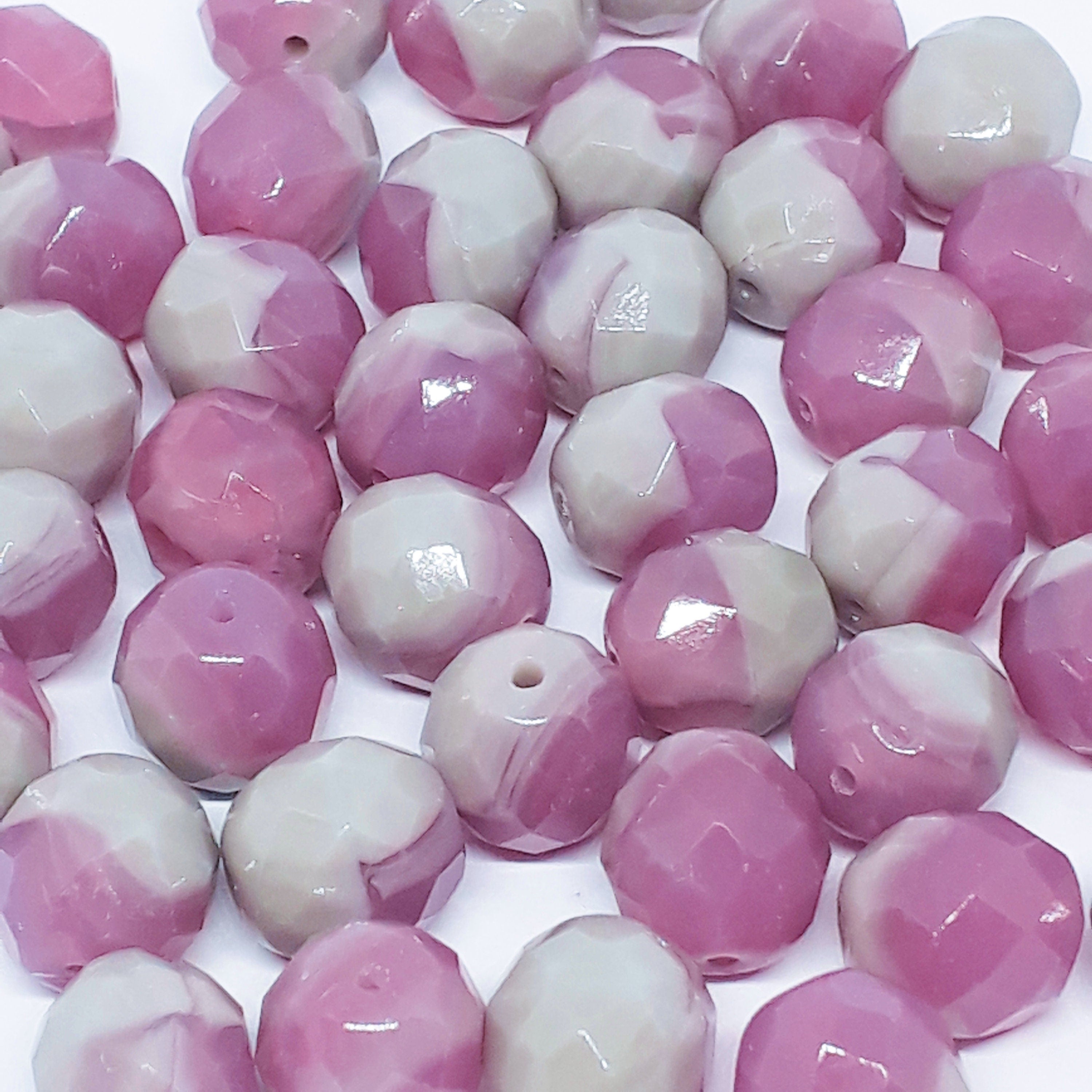 Pink & Grey Faceted Round Czech Glass 10x9mm - 10pcs