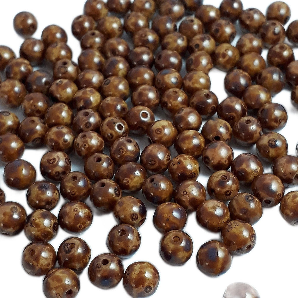 Dark Brown Picasso Czech Glass Druk Round 6mm - 30pcs