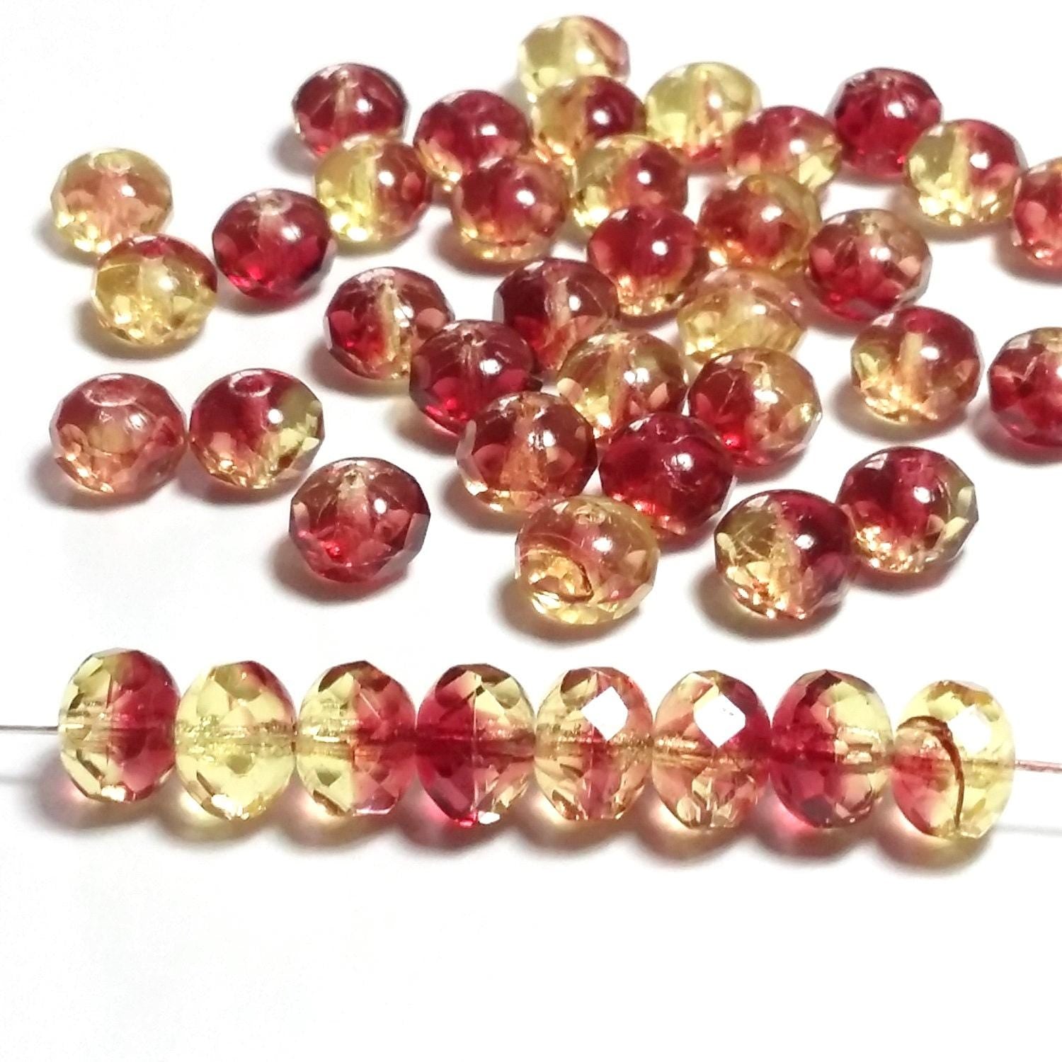 Cherry Red & Yellow Czech Glass Faceted Rondelle 8x6mm - 10pcs