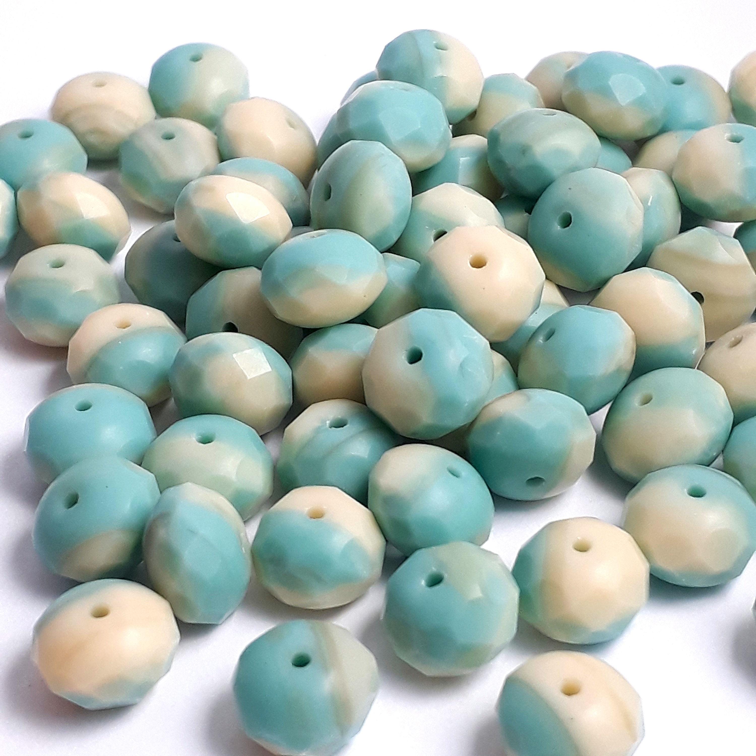 Matte Turquoise & Cream Czech Glass Rondelle 9x6mm - 10pcs