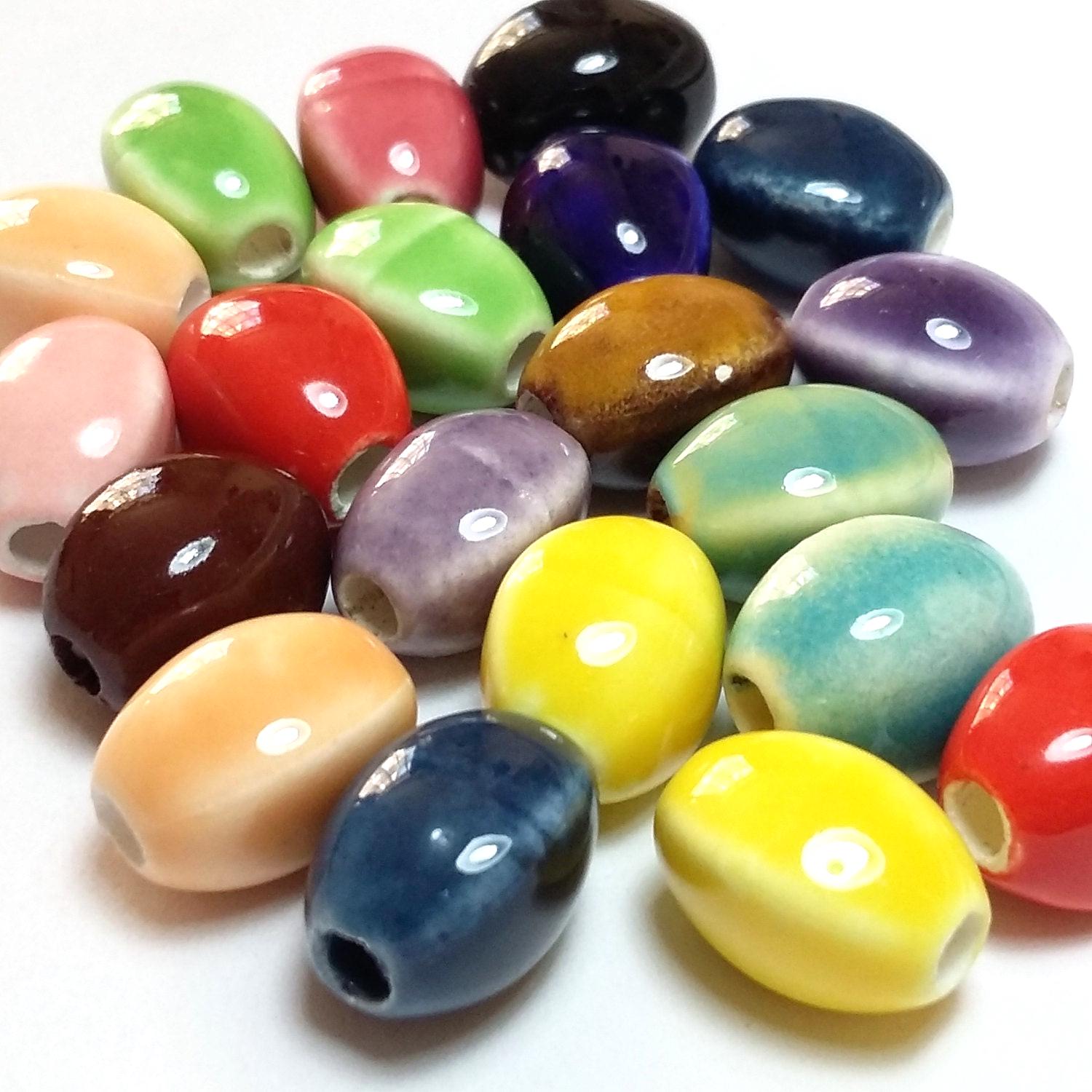 Mixed Colour Ridged Oval Ceramic 12x9mm - 5pcs