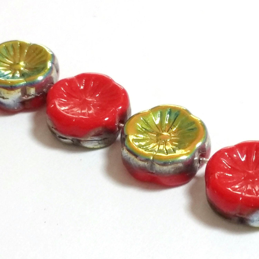 Metallic AB & Red Hawaiian Flower Czech Glass 12mm - 6pcs