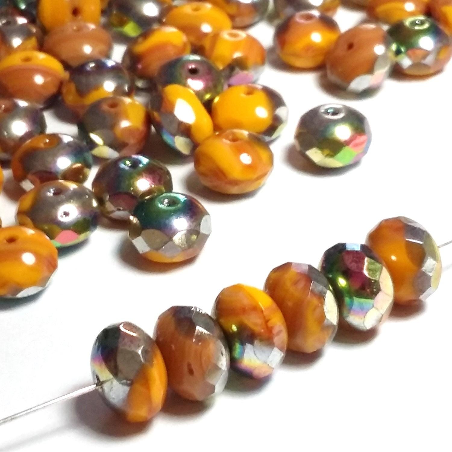 Orange Metallic Faceted Czech Glass Rondelles 11x7mm - 6pcs