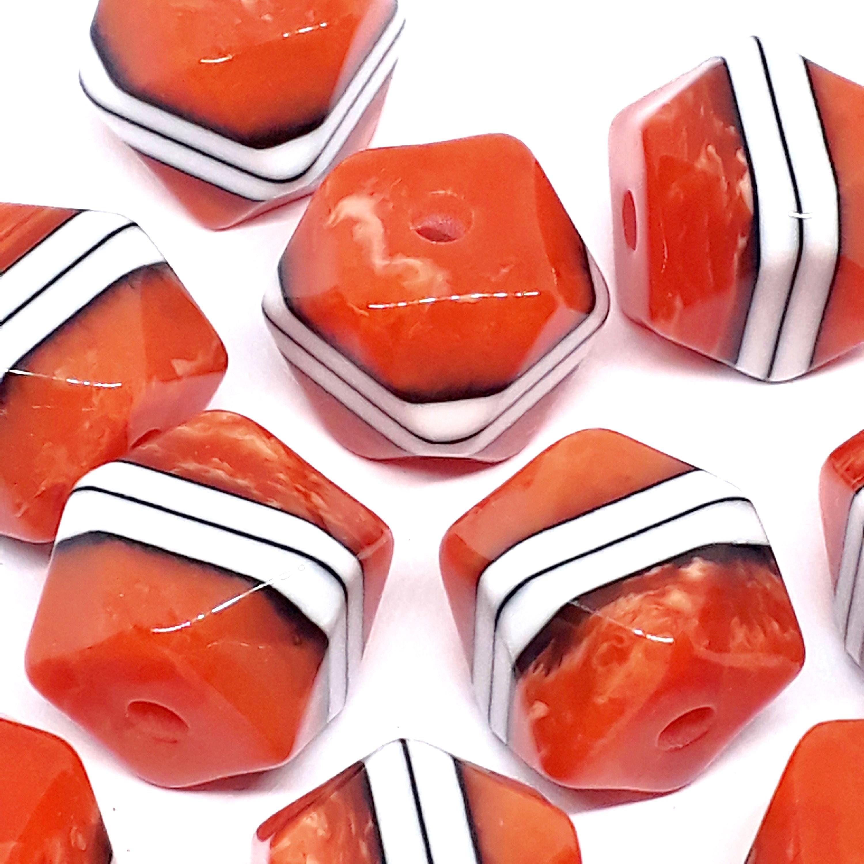 Orange White Striped Faceted Cube Resin 15mm - 2pcs
